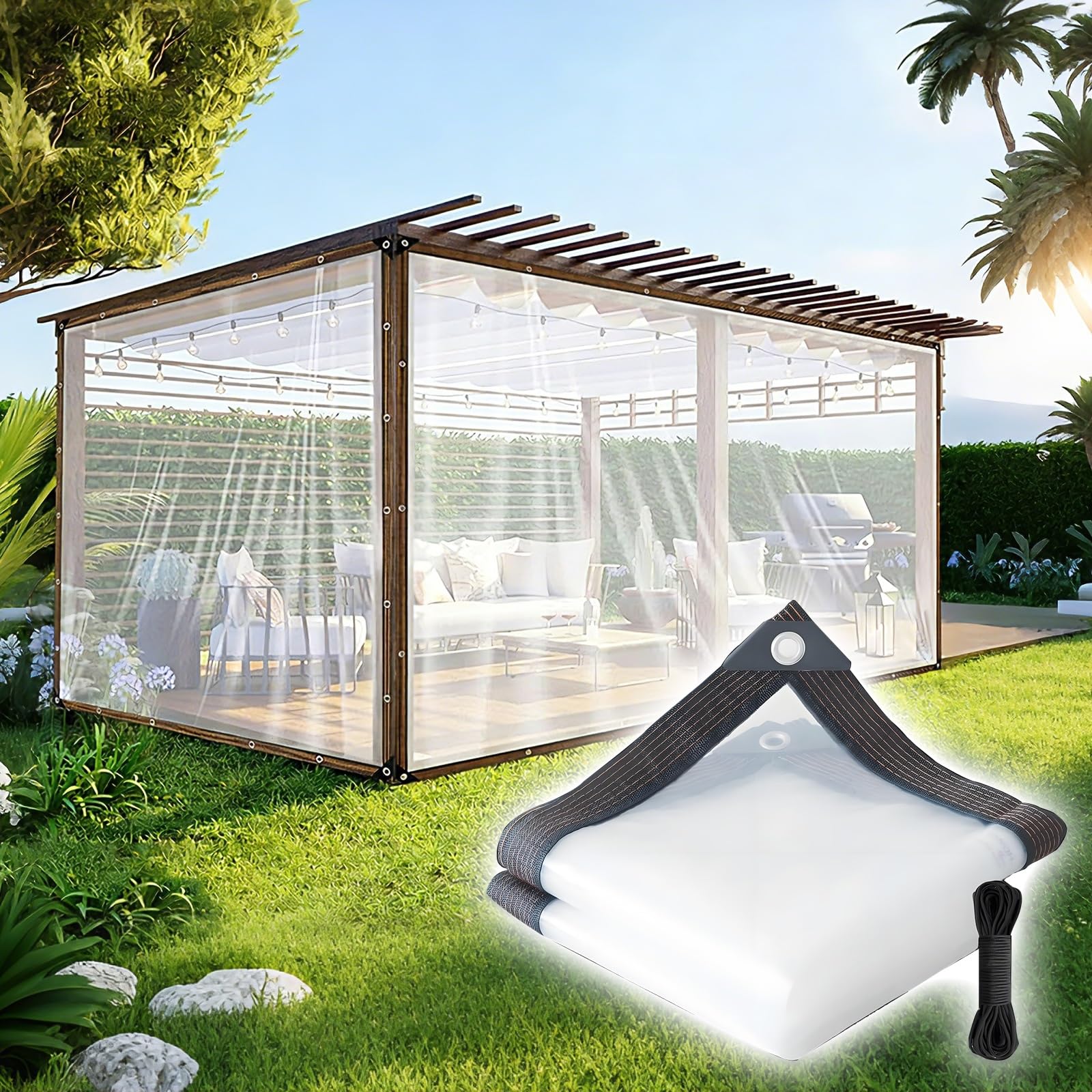 Lona transparente con ojales que evita la acumulación de agua en recintos de patio