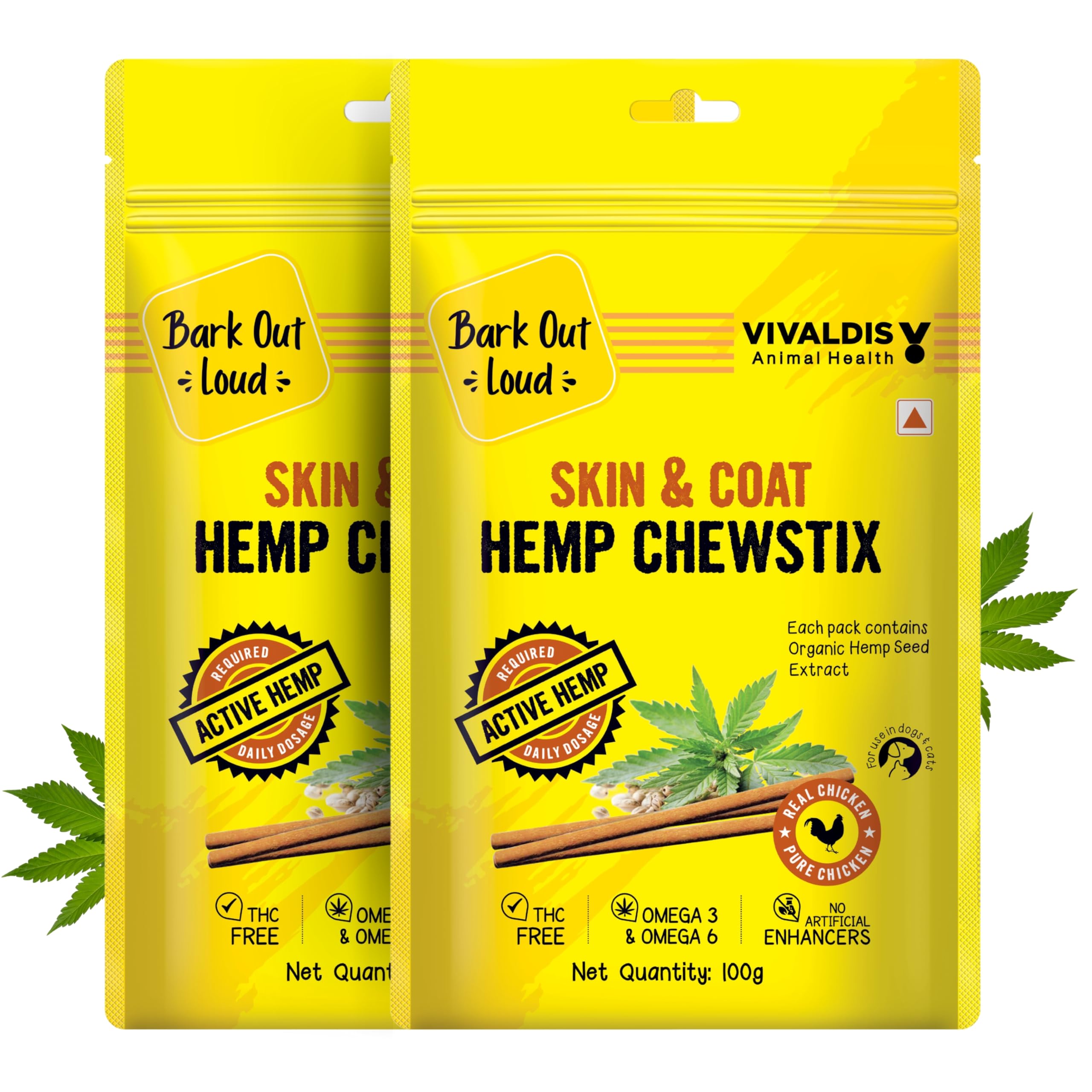Fresh Chicken Dog Treats, Hemp Chewstix with Omega 3 & Vitamin E for Healthy Skin & Coat, Suitable for Dogs & Cats of All Life Stages, 100g Each (Pack of 2)