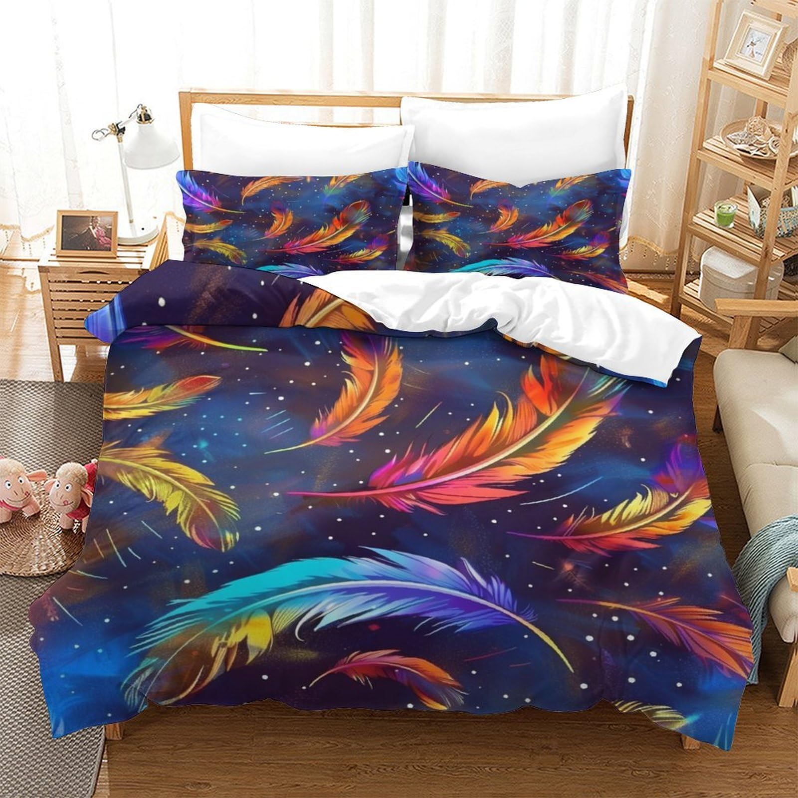 UENDOKRNN Colourful Feathers Duvet Cover 3 PCS Hotel Quality Quilt Cover Bedding Set Bed Covers with Pillowcases with Zipper Closure Hypoallergenic Soft Breathable Microfiber Single（140x200cm）