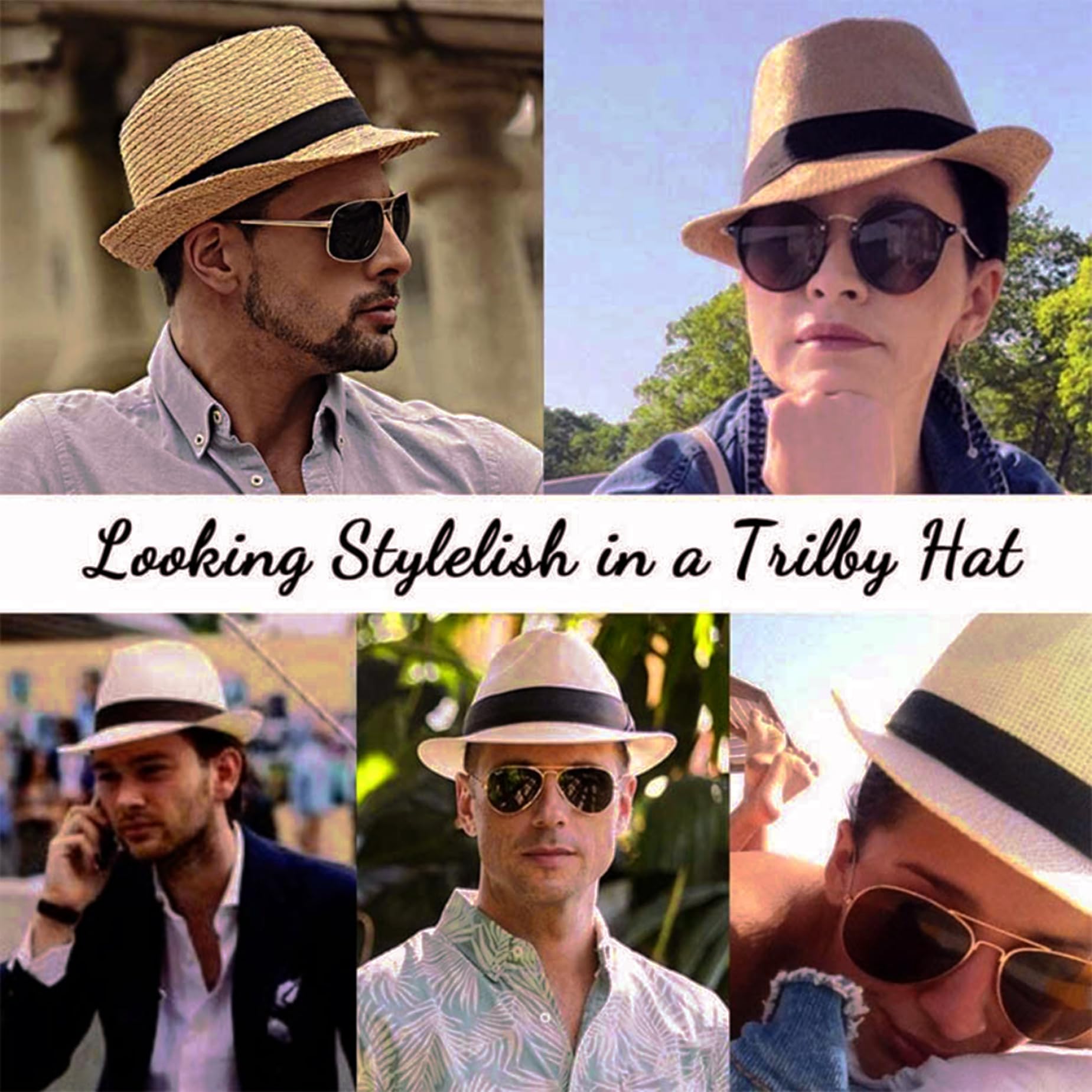 Cappello da Spiaggia in Paglia Cappello Panama da Uomo Fedora da Uomo con Protezione UV con Tesa arricciata Paglia Intrecciata Traspirante Cappelli da Sole Vintage per L'Estate