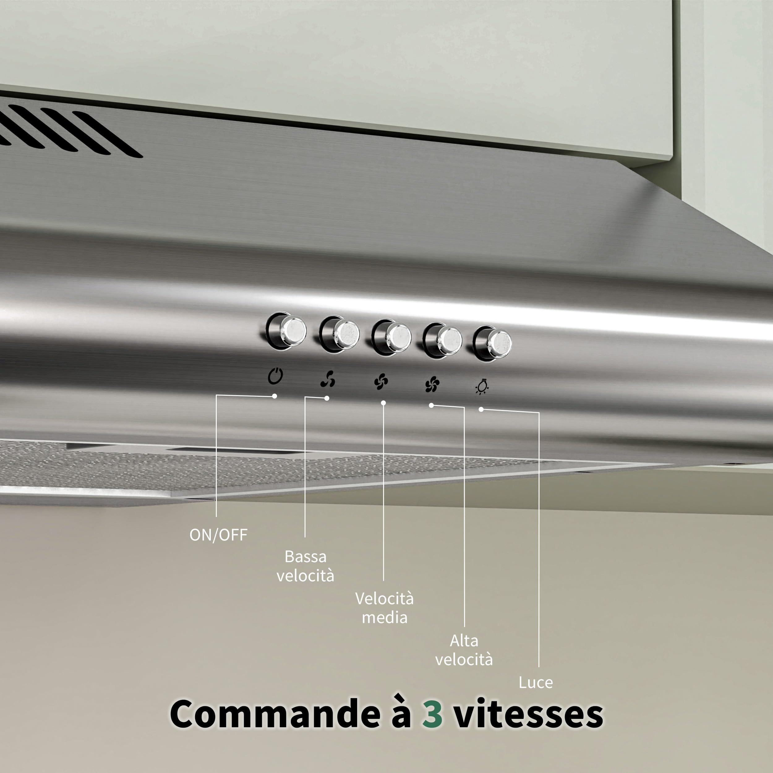 FIREGAS Cappa aspirante 60 cm, ricircolo e scarico, 250 m³/h, 3 livelli di potenza, con filtro a carbone, efficienza energetica A +, silenziosa, illuminazione a LED, acciaio inox