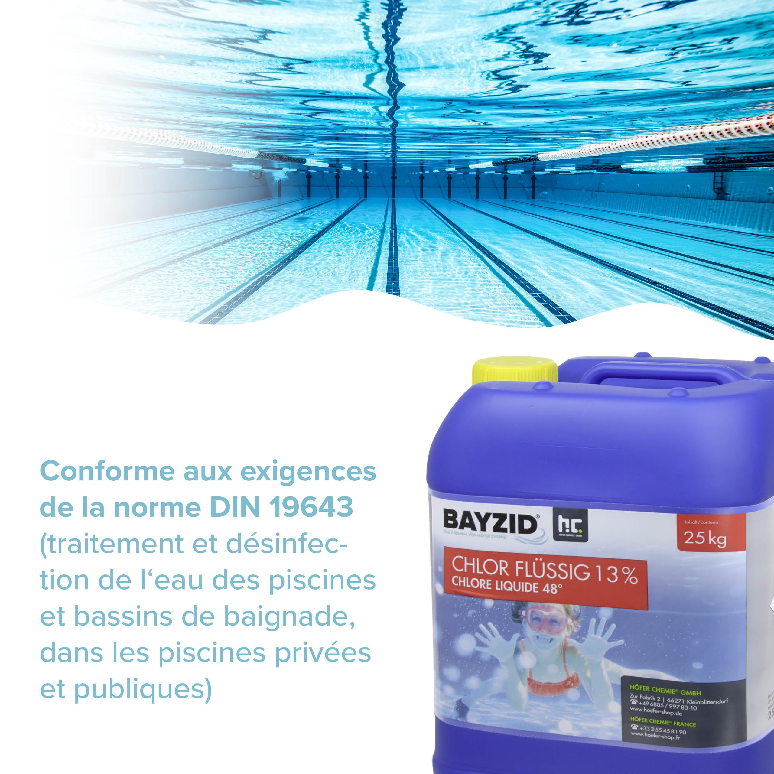 BAYZID® Chlore Liquide 1 x 25 kg – Désinfectant Piscine à Action Rapide, 13-15% de Chlore Actif – pour Systèmes de Dosage Automatique – Clarifiant Eau Cristalline – Idéal Spa, Jacuzzi, Pataugeoire