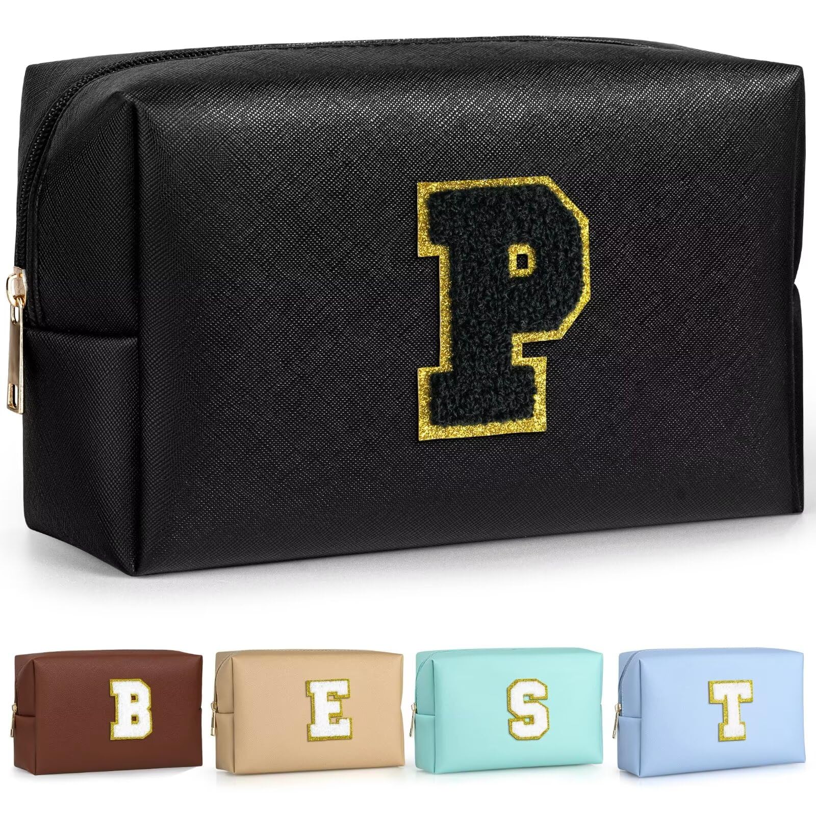 TOPEAST Personalized Makeup Bag, Chenille Letter Pouch Cosmetic Bag w Zipper, PU Leather Waterproof Toiletry Bag, Bridal Shower Gifts for Bridesmaids,