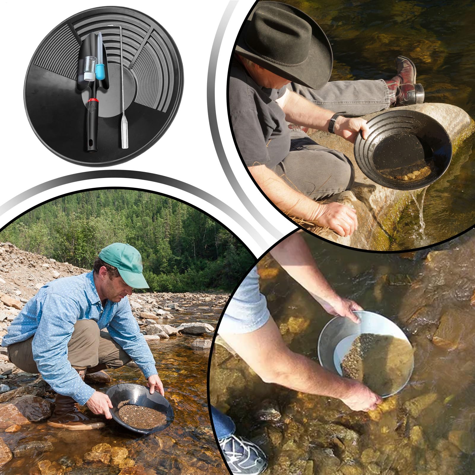 Panning Gold Pan Kit - 1 Set di Strumenti Completo Oro Lavaggio, Trough per Prospezione, Scavare e Caccia Gemme, Attrezzature, Hobbyisti, Collezionisti di Roccia, Materiali Metallici