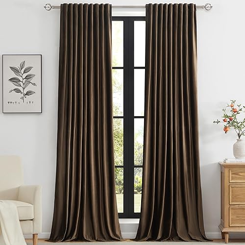 PRIMROSE Brown Polyester Velvet Curtains 84 inch Long for Living Room,Set of 2 Panels Blackout Rod Pocket Back Tab Window Treatment Room Darkening Heavy Decorative Curtains Drapes for Bedroom.
