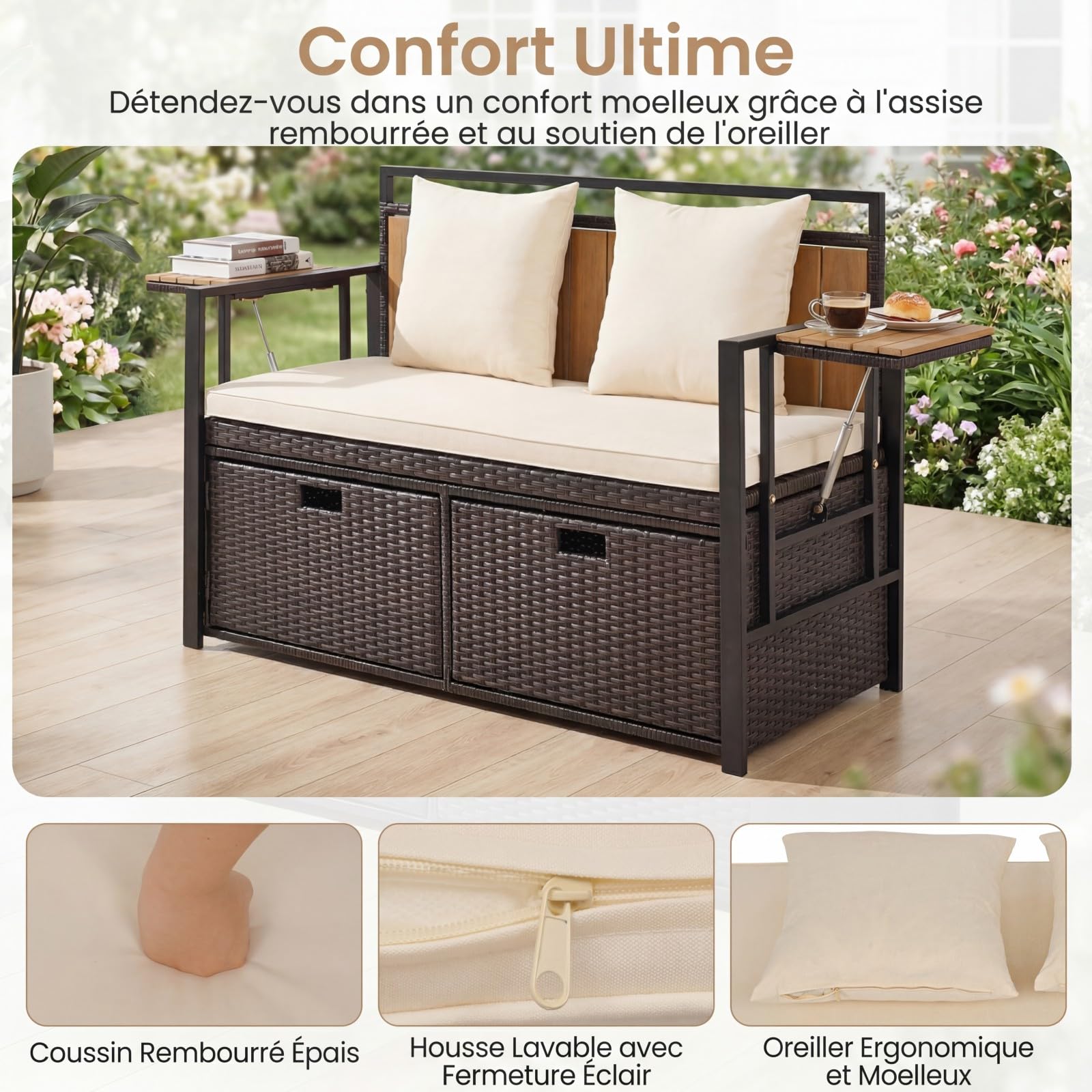 COSTWAY 2 en 1 Banc Coffre Extérieur en Rotin PE, Banc de Jardin 2 Places avec Coussins, Coffre de Rangement 142,5 L, 2 Tables d'Appoint Pliables, Charge 360 kg, pour Terrasse Jardin Balcon (Blanc)