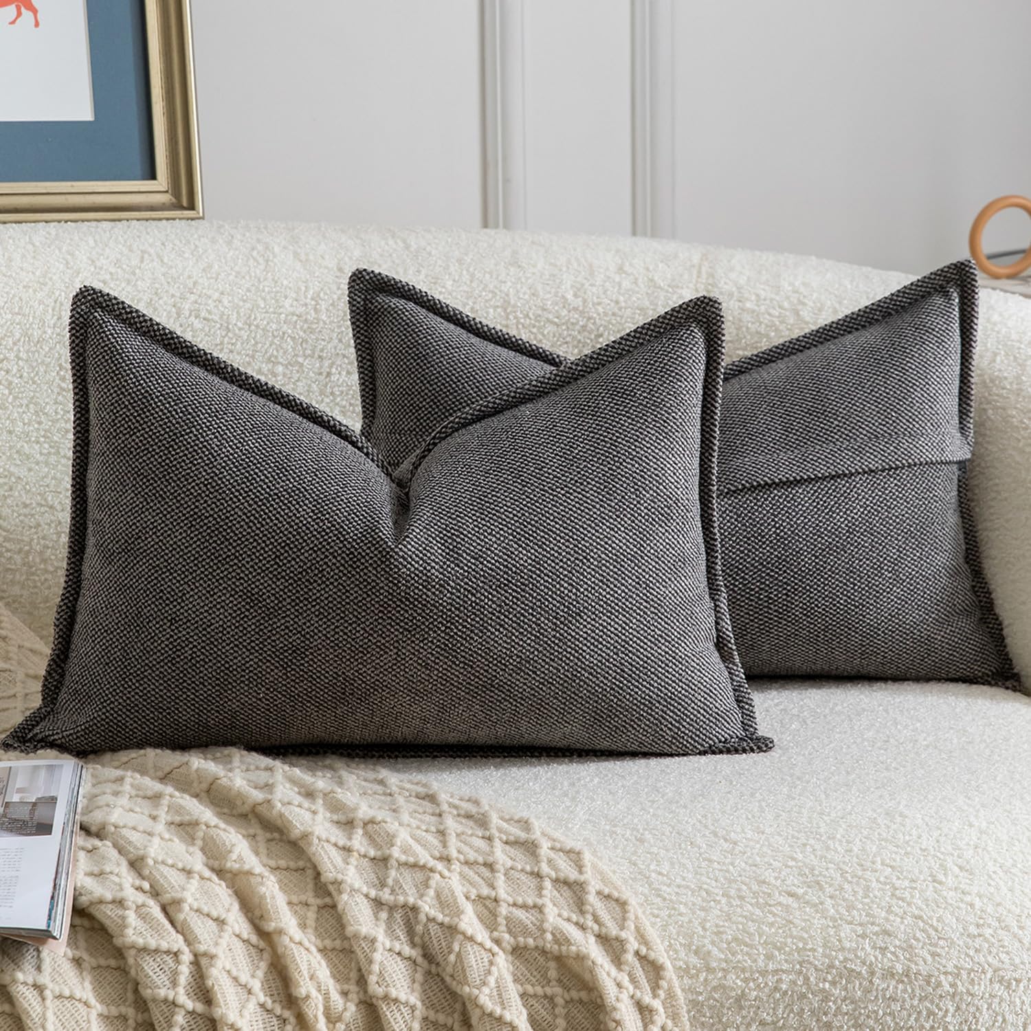 Madizz Decorative Chenille Black Grey Cushion Covers 30x50 cm Pack of 2 Throw Pillows for Couch Sofa Boho Accent Pillow Cases for Bed Cushion for Bedroom Living Room Modern Home Decor