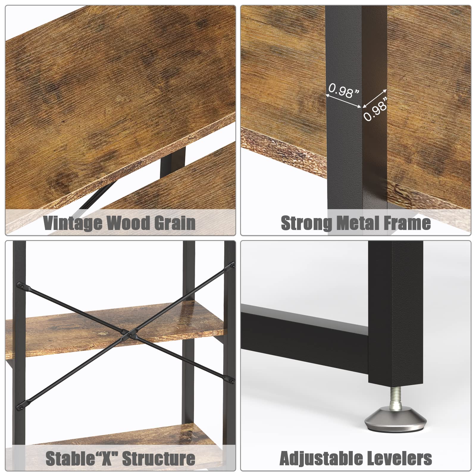 Etagere - Libreria industriale rustica a 4 ripiani, con struttura in metallo, per soggiorno, camera da letto, casa, ufficio, marrone rustico
