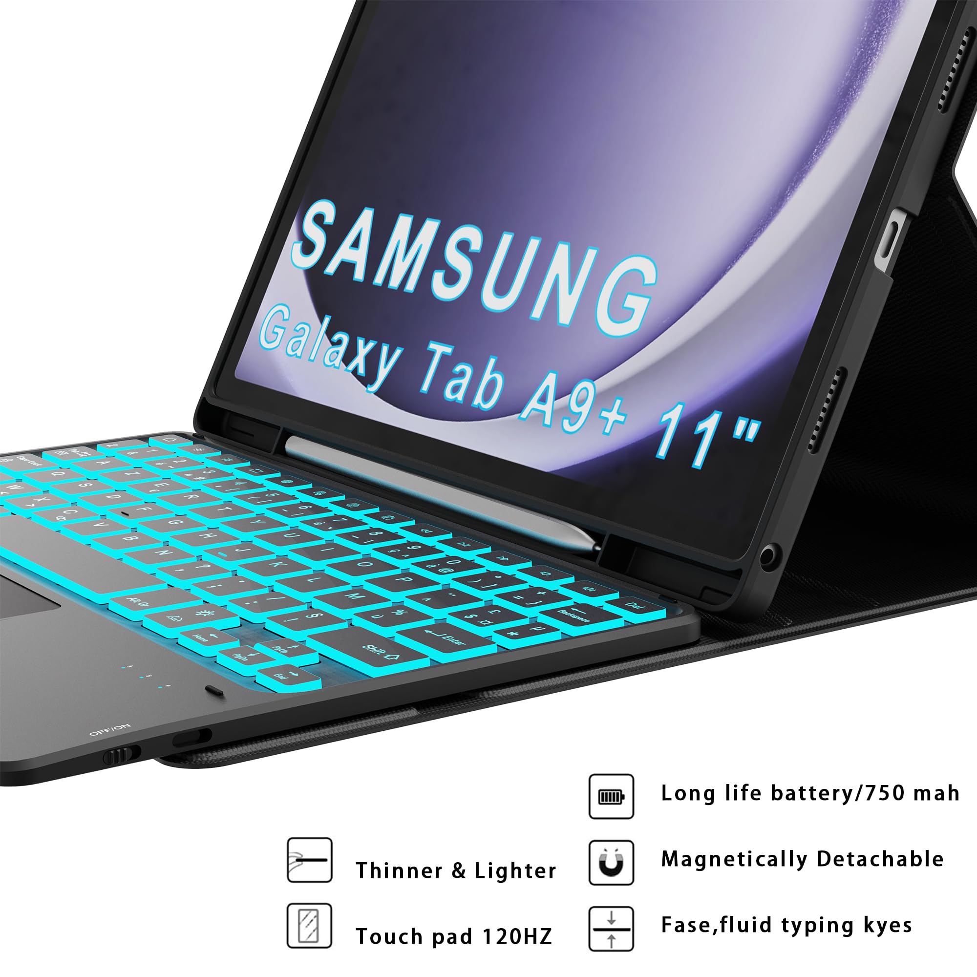 Étui Clavier pour Samsung Galaxy Tab A11 Plus/A9+ 11 Pouces - 7 Couleurs Rétroéclairées Amovible Tablette Coque Sans Fil avec Pavé Tactile – Tab A9 Plus 11" Rechargeable AZERTY Français Clavier Noir