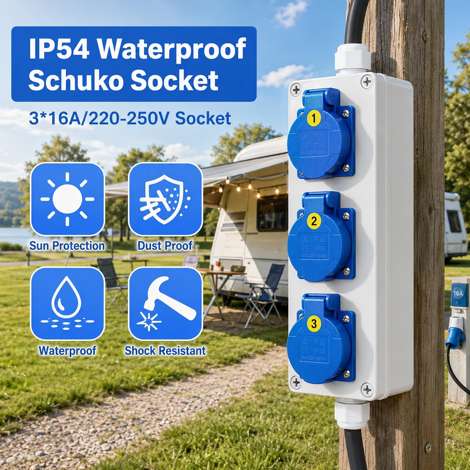 Adapter CEE 32 A na 16 A - 5P 380 V wtyczka CEE na 3 X 220 V Schuko - IP65/IP54 wodoszczelne gniazdko elektryczne z 3 x 16 A wyłącznik nadprądowy – rozdzielacz prądu budowlanego