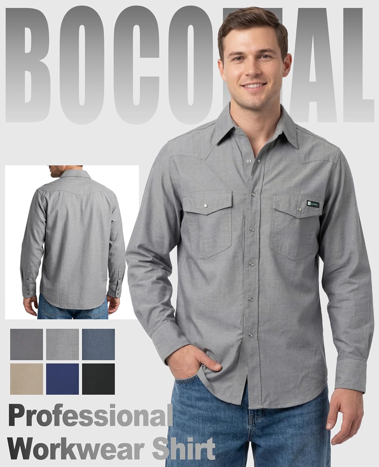 BOCOMAL Men's Work Shirts Lightweight Chambray Pearl Snap Down Relaxed Fit