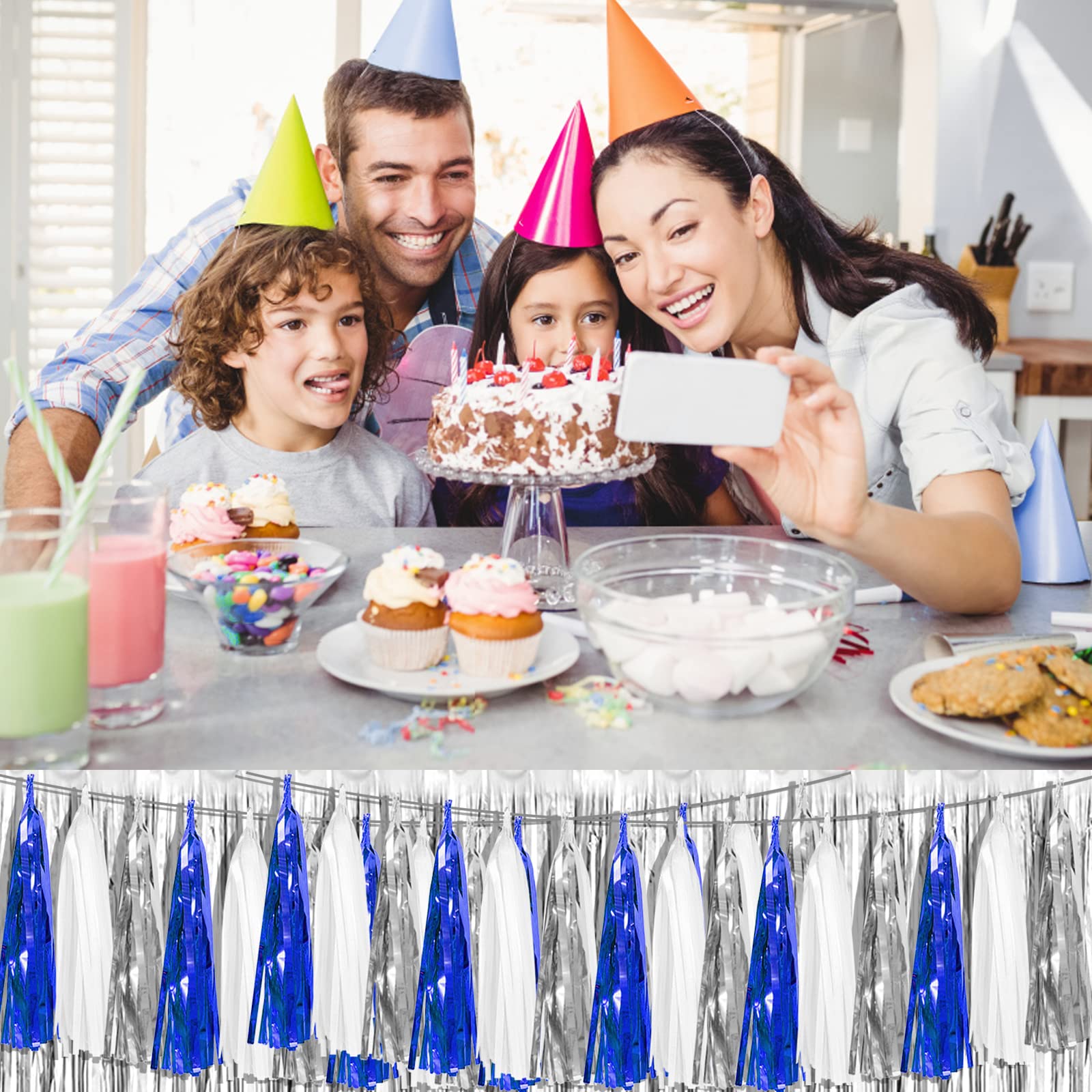 4P Marineblau-Weiß-Silber-Folie Fransen Metallic Quaste Girlande Banner, Quasten Banner Luftschlangen für Parade Floats, Bachelorette, Hochzeit, Geburtstag, Halloween, Braut/Baby Shower Party