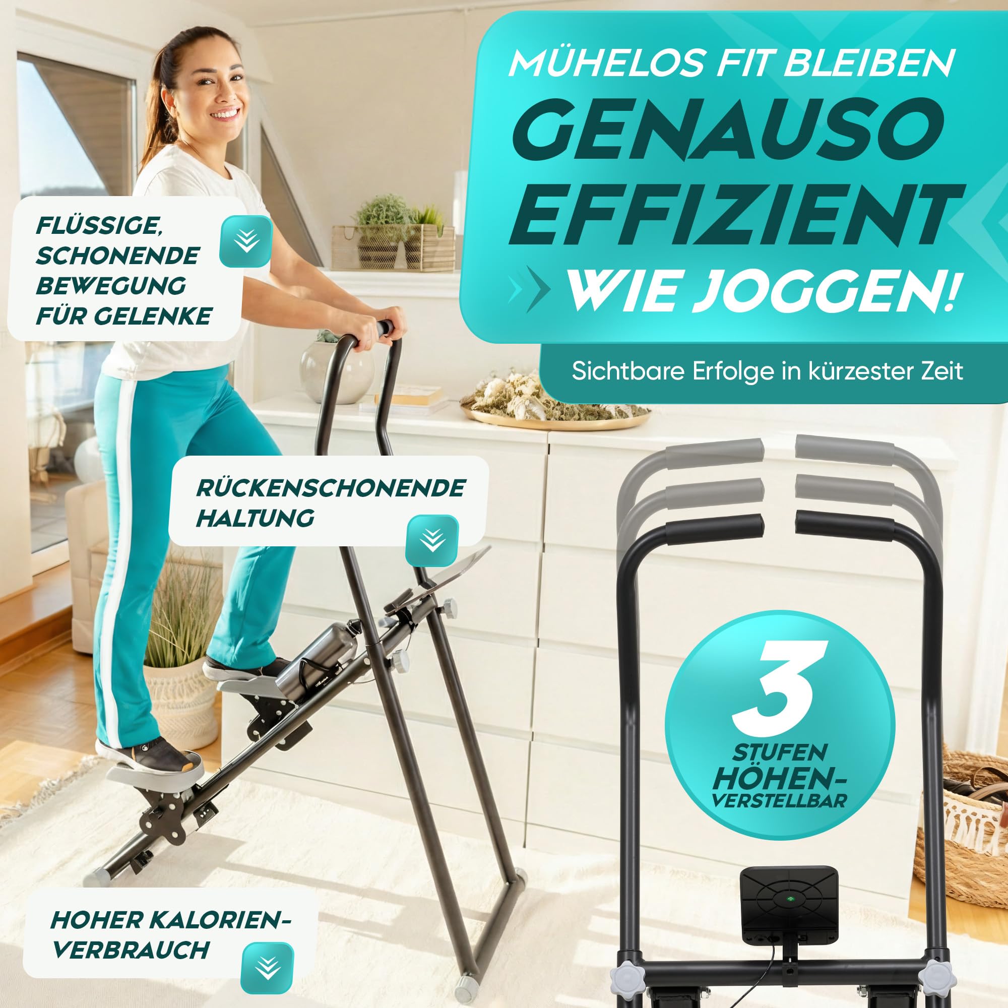 Stepper für Zuhause mit Haltegriff [Höhenverstellbar] 3 Fitness Widerstandsstufen Stairmaster mit Getränkehalter, Handyablage