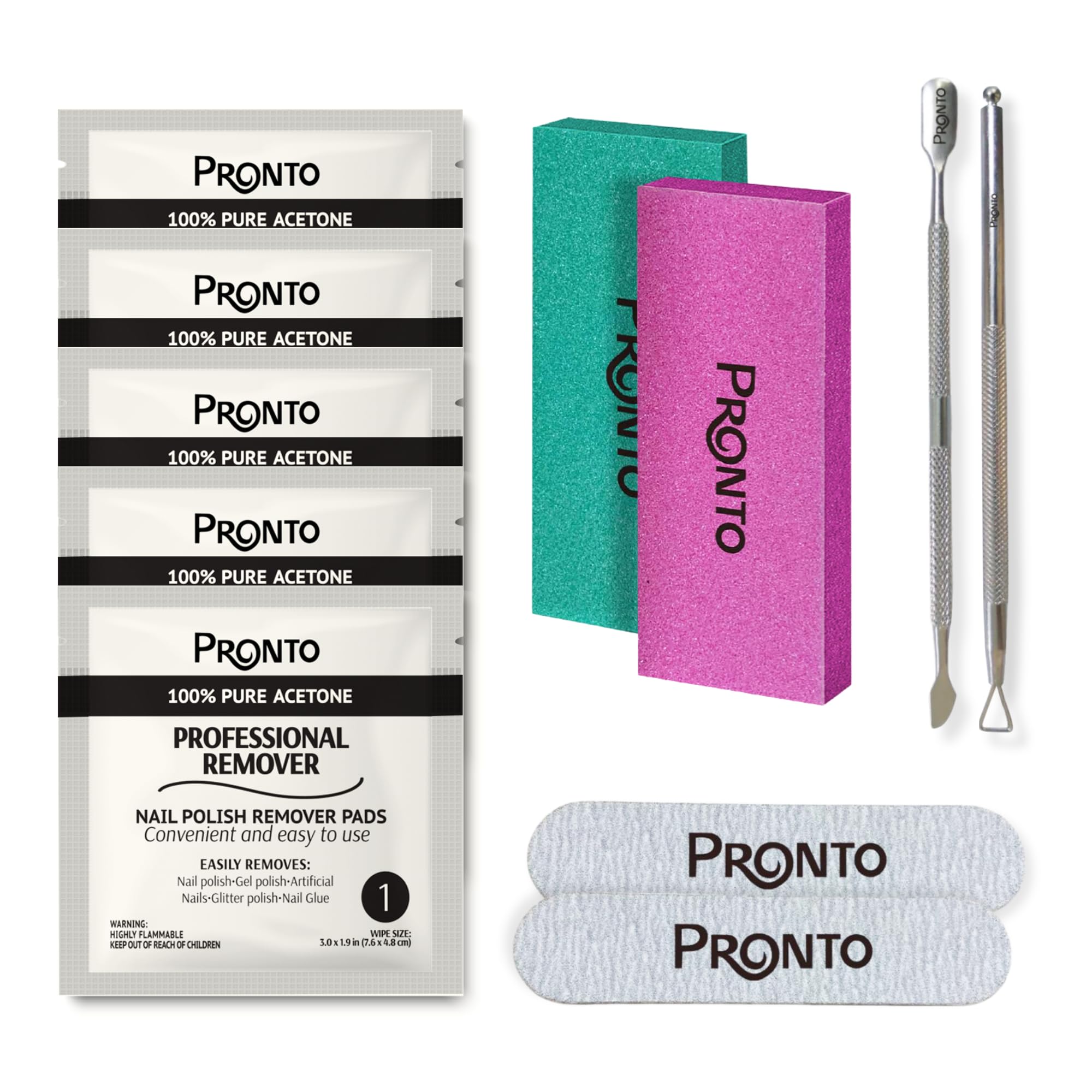 Pronto Acetone Pads Travelling Kit - Nail Polish Remover & Gel Polish Remover with Nail Stuff Essentials: Manicure Kit Includes Nail File, Buffer, Pusher, Scraper, and Acetone