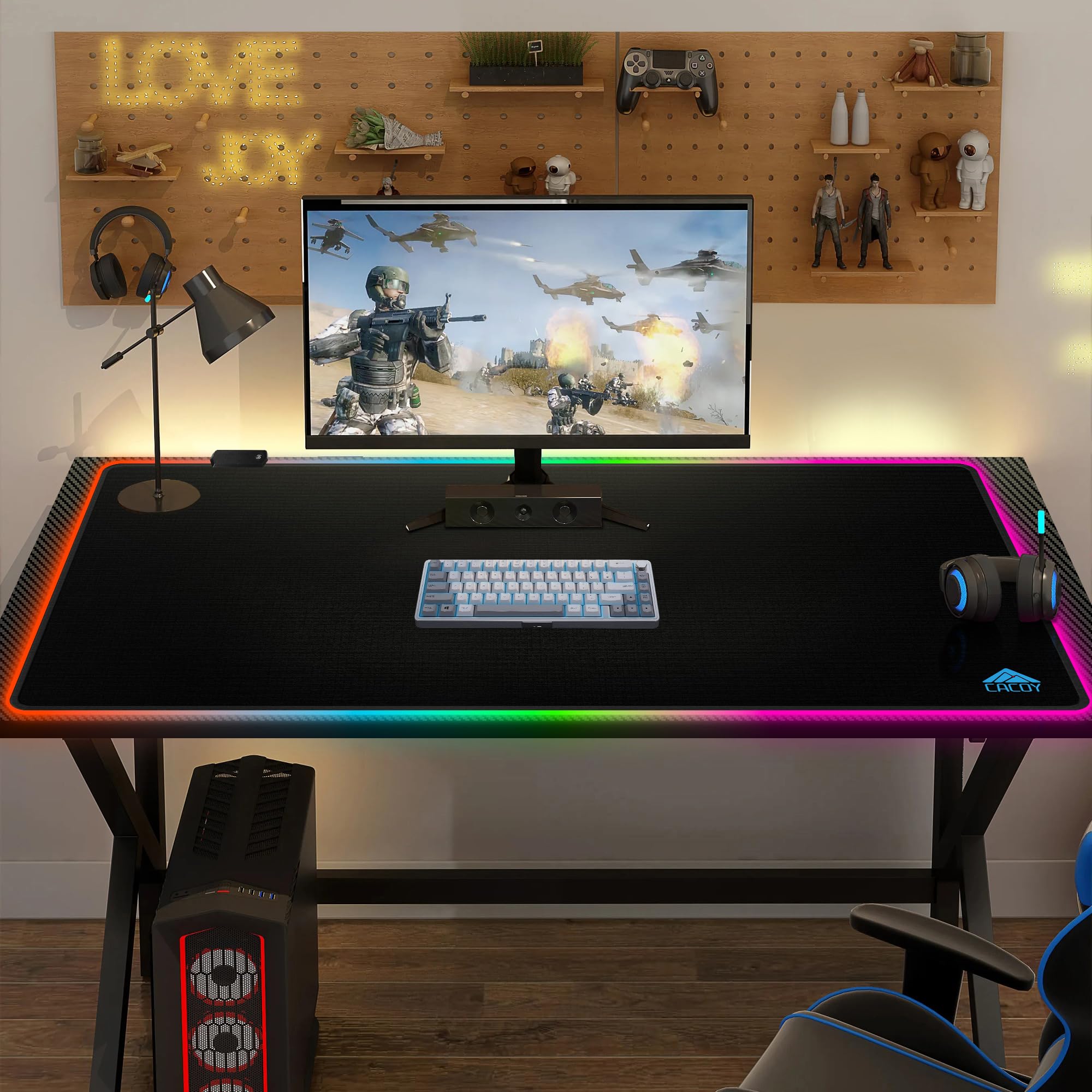 Cacoy 1100x600mm RGB Gaming-Mauspad, Großes Mauspad 9 Beleuchtungs-Modi LED | Übergröße Schreibtischunterlage, Rutschfester Gummibasis Mousepad XXL, Verbessert Geschwindigkeit für Zuhause&Büro, Schwarz