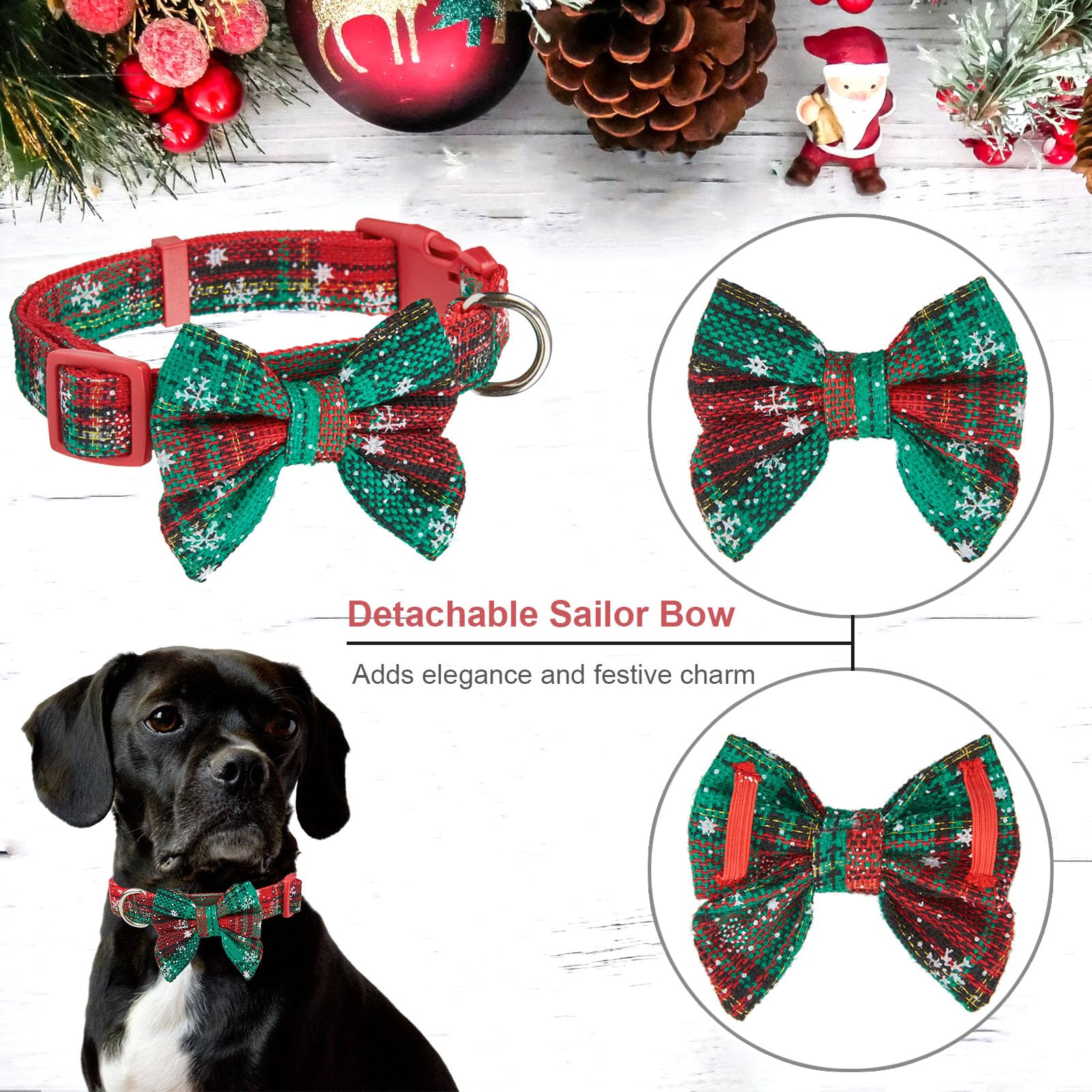 Petiry Plaid Christmas Dog Collar with Removable Bow tie - Snowflake Pattern,For Small Dogs Neck 25-38cm,Snowflake - Image 4