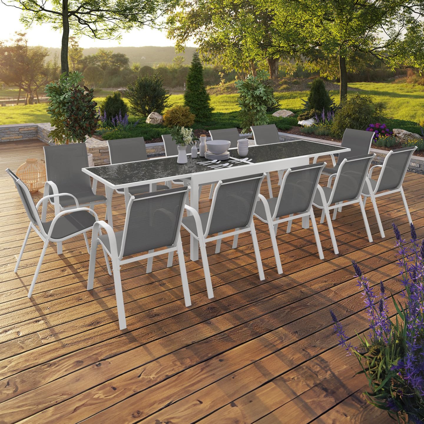 IDMarket - Salon de Jardin Madrid Table Extensible 135-270 CM et 12 chaises empilables Blanc et Gris