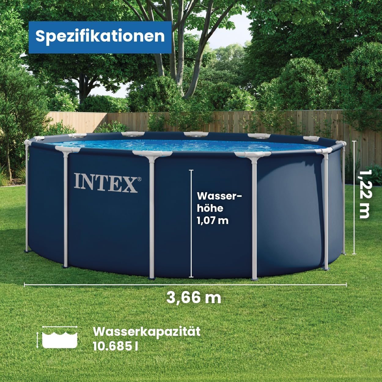 INTEX Metal Frame Pool rund Aufstellpool 366 x 122 cm Rundpool mit Metalrahmen 10.680l Navy Blue