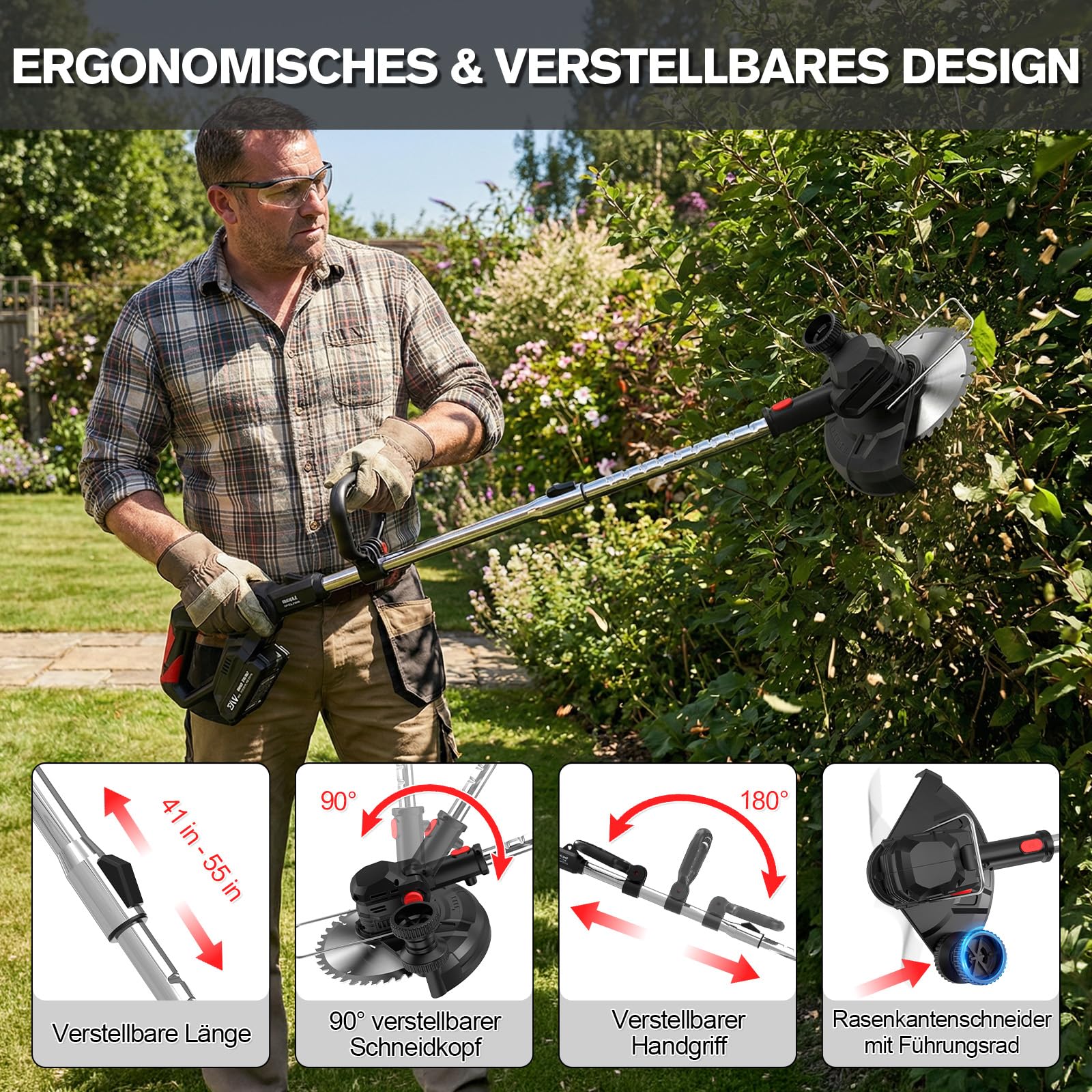 Rasentrimmer mit Akku 21V, 4-in-1 Freischneider & Motorsense 24000 RPM, Rasenkantenschneider inkl. 2X 2.0Ah Batterien, Rädern, 90° drehbarer Kopf & LCD-Anzeige (Profi-Serie)