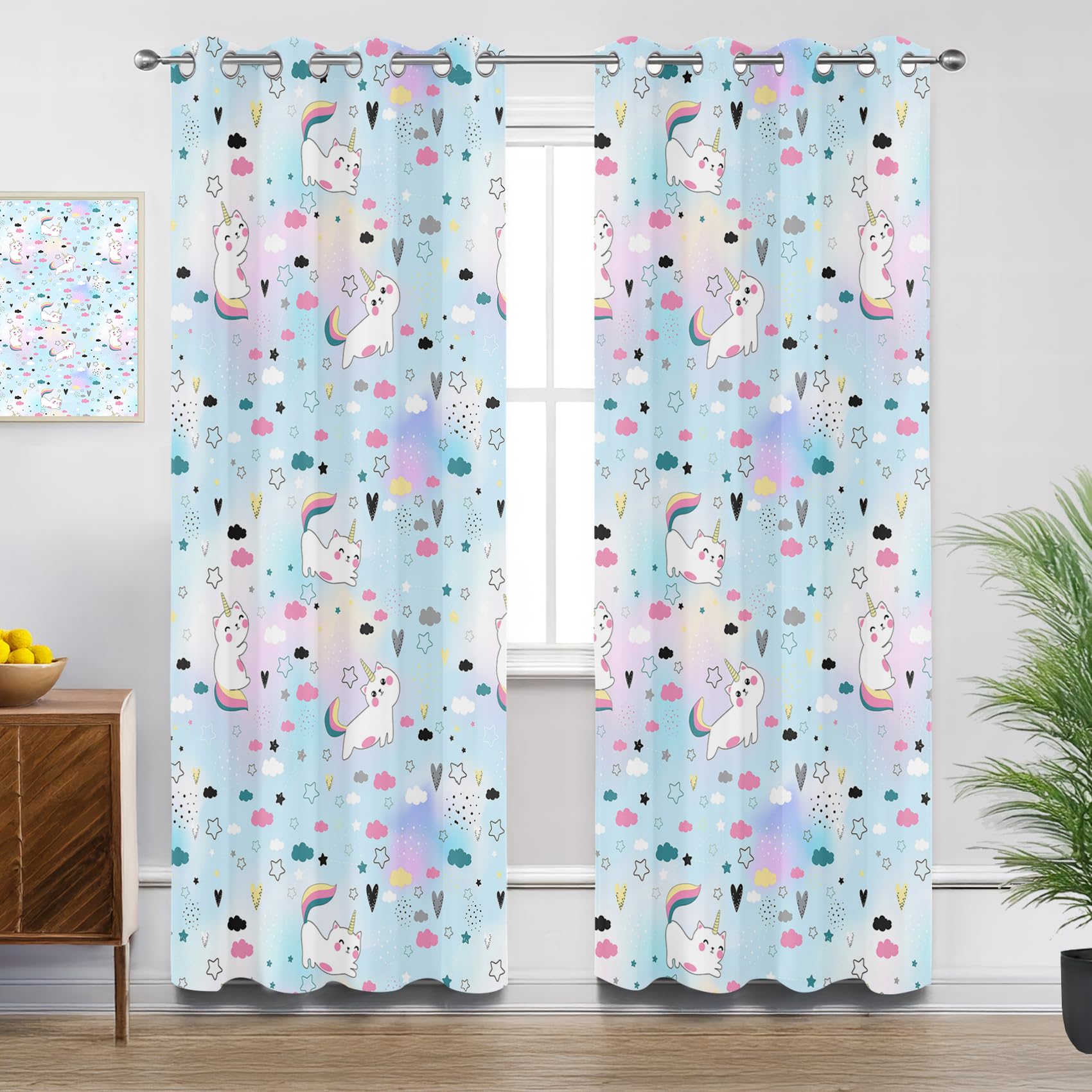 Mistela Unicorn Bedroom Curtains Eyelet, Cute Cartoon Animal Kids Blackout Thermal Insulated Soundproof Curtains for Living Room, W52 X D84, 2 Panels Window Treatments Home Decorations