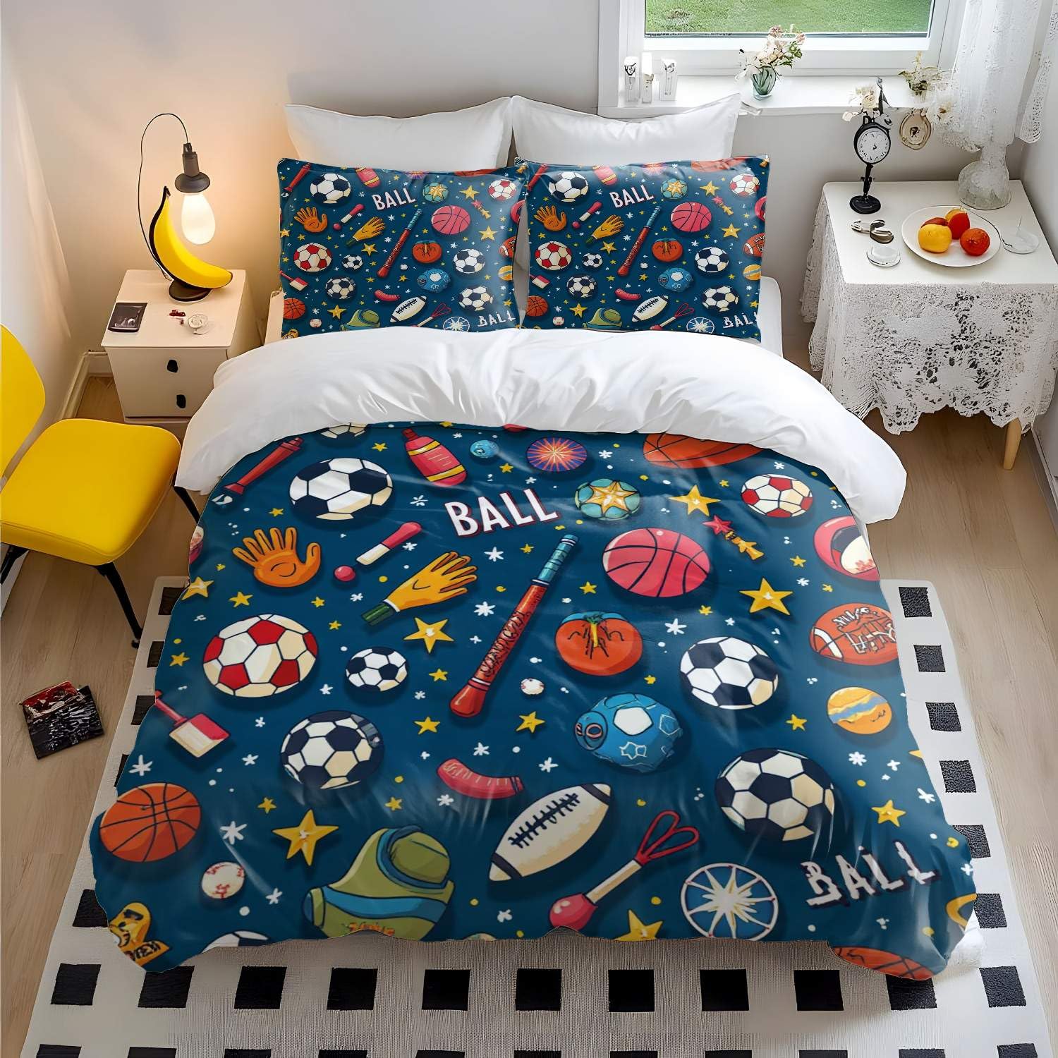 Housse de couette dessin animé sport en parure 3 pièces grand lit