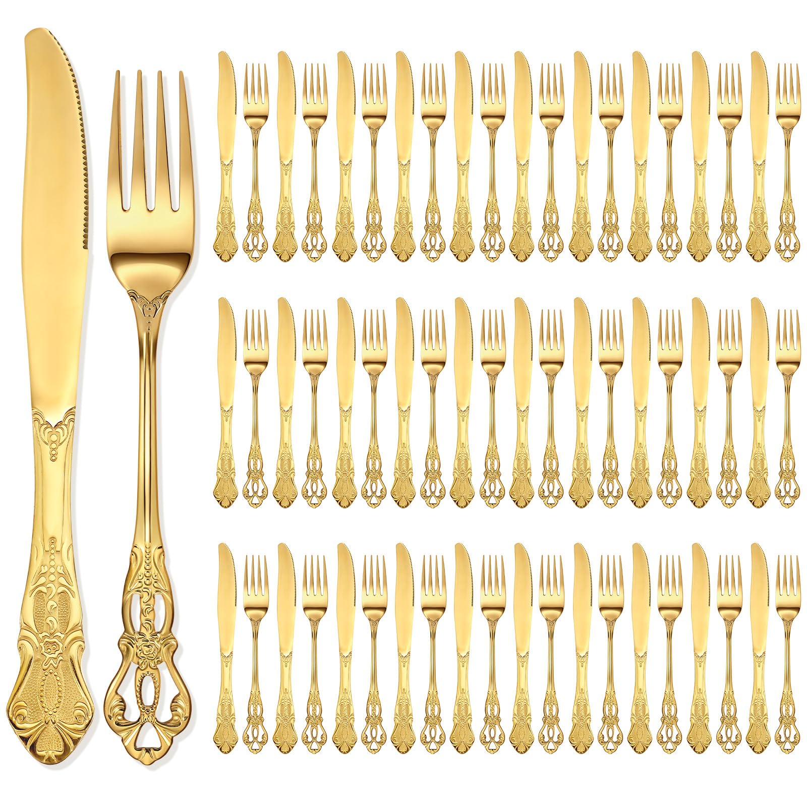 Dandat 60 Pcs Forks and Knives Cutlery Set Stainless Steel Steak Knives Forks Flatware Royal Silverware Set for Wedding Party Restaurant Dishwasher Safe (Gold)