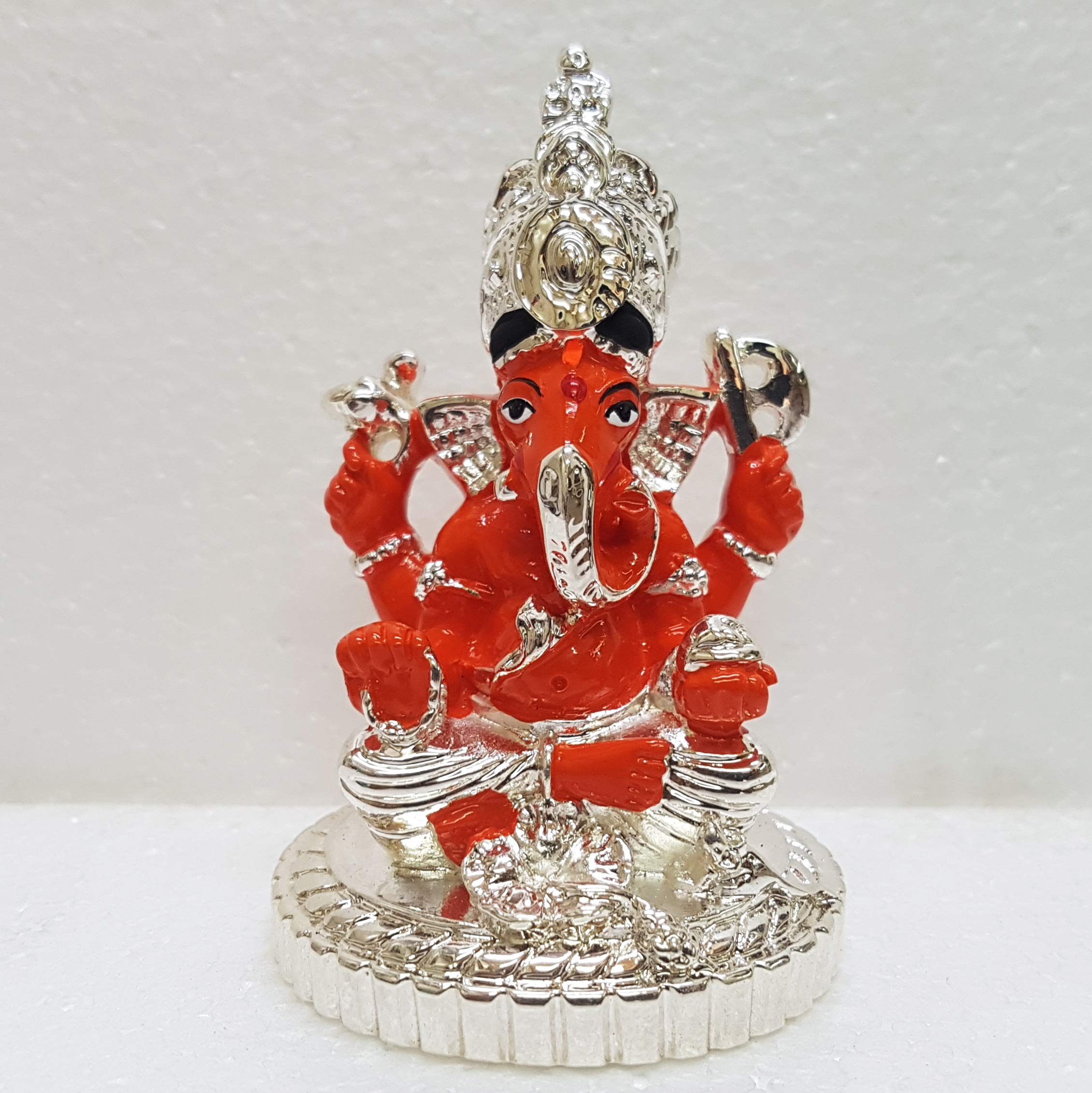 Gold Plated Siddhivinayak (Silver Orange) Ganesh Idol for Car Dashboard Small Ganesha Murti Ganpati Idol for Home Decor Puja Lord Ganesh Statue Gift for Office Desk Puja Room Figurine