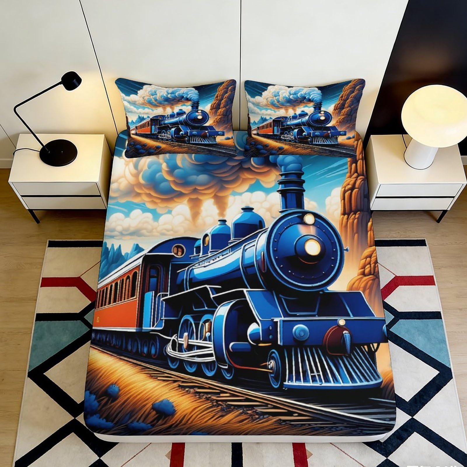 3D Printed Steam Train Fitted Sheet Microfiber Soft Breathable Railway Locomotive Bed Cover for Bedroom Decor 90x200x25cm