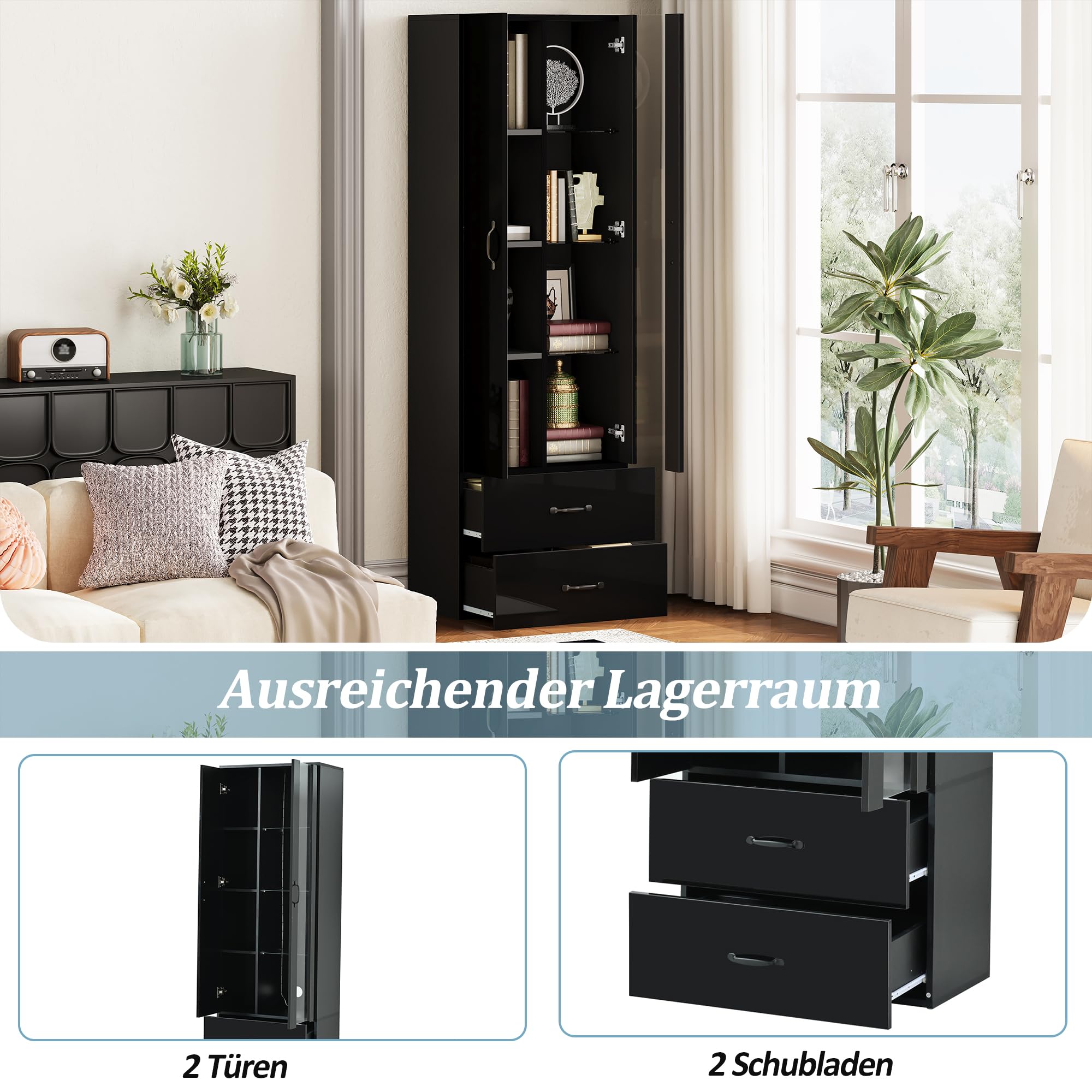 Vitrina de pie con 2 puertas y 2 cajones, vitrina de cristal con iluminación LED, armario multifunción para armario de salón y comedor (negro, 60 x 35 x 182,5 cm)