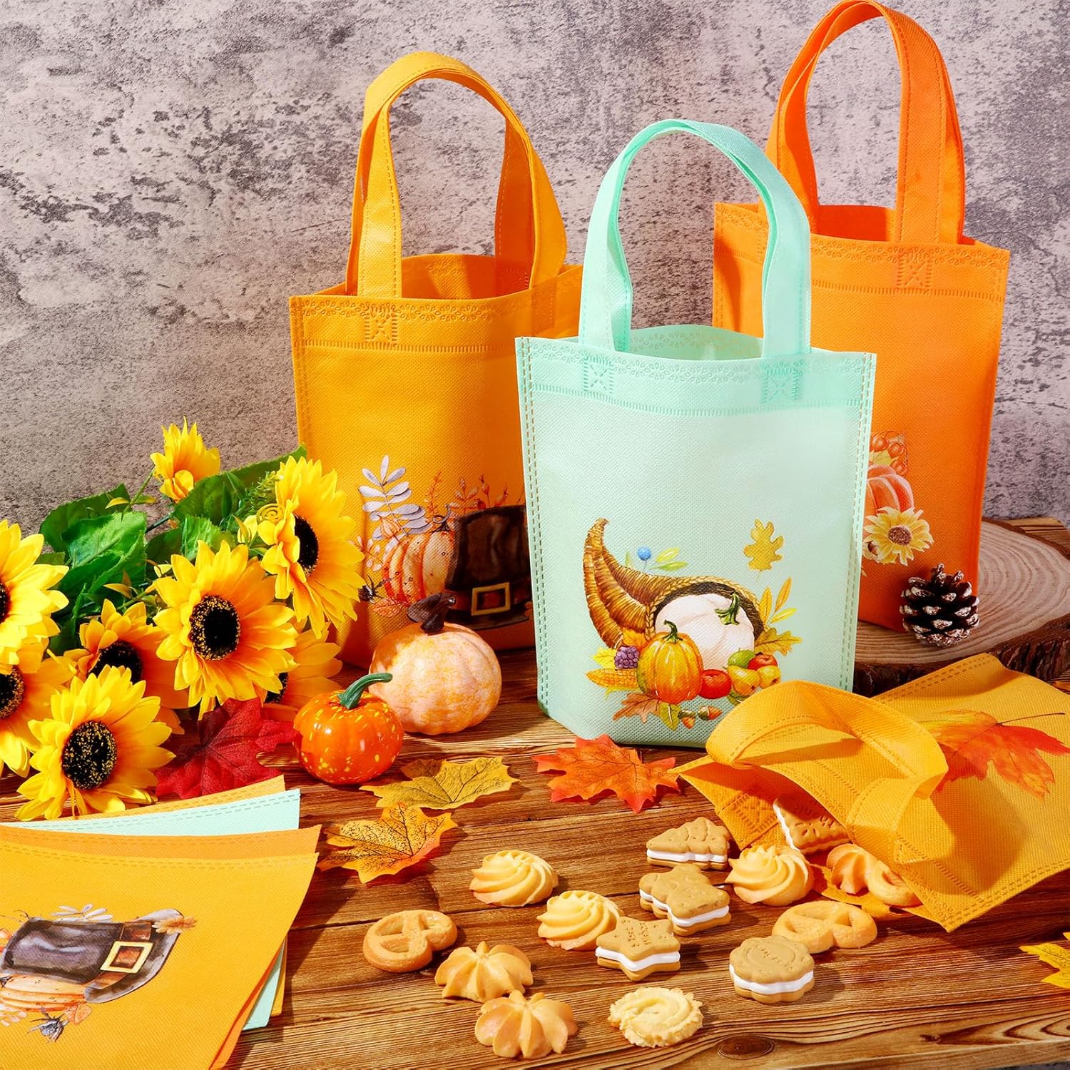 Cunno 24 Pcs Fall Party Favor Bags Fall Treat Bags Thanksgiving Pumpkin Non Woven Tote Pouches with Handles for Autumn Thanksgiving Harvest Theme Party Supplies Decor - Image 2
