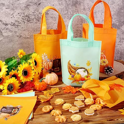 Miniatura 4 de Cunno 24 bolsas de regalo de calabaza de Acción de Gracias, bolsas de mano no tejidas de otoño con asas para decoración de fiesta temática de Acción