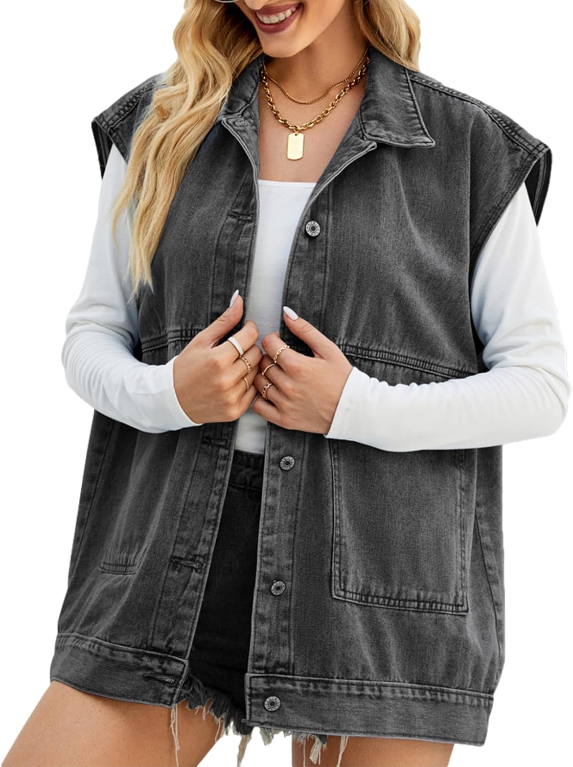 Denim Jean Vest for Women Oversized Sleeveless Mid Long Button Down Denim Waistcoat