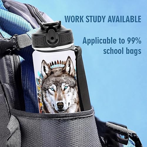 Miniatura 6 de Botella de agua de lobo de 32 onzas con marcador de tiempo, apertura de un clic, boca ancha, sin BPA, rastreador motivacional (negro)