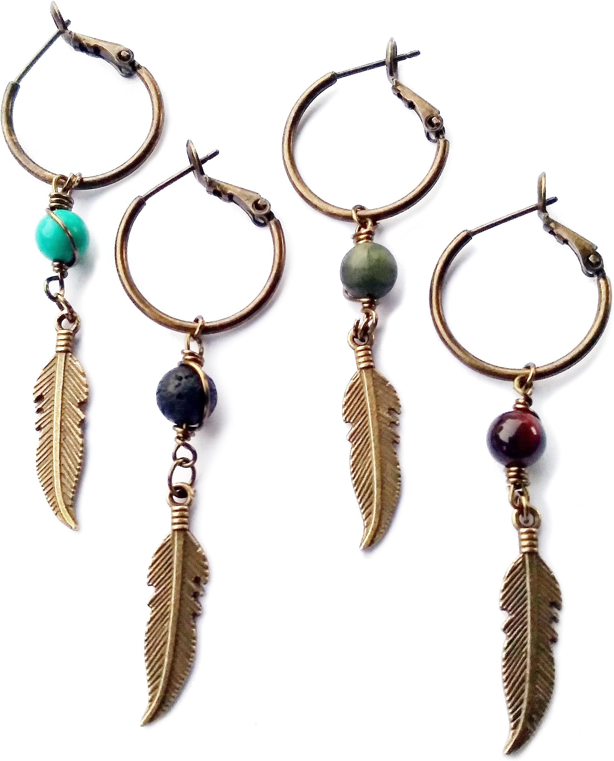 Bronze Feather Earring for Men - Single Pirate Style Hoop Earrings - Dangle Lava Rock and Tiger Eye Men's Earring Single