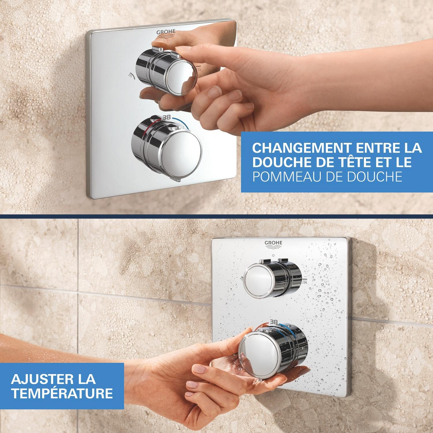 GROHE Precision Thermostatique, Ensemble de Douche Encastré 2 sorties, Douche de Tête Vitalio Rain Mono Cube 310, Douchette Vitalio Joy Cube Stick 1 jet, Flexible 1,5 m, Chromé, 34881000