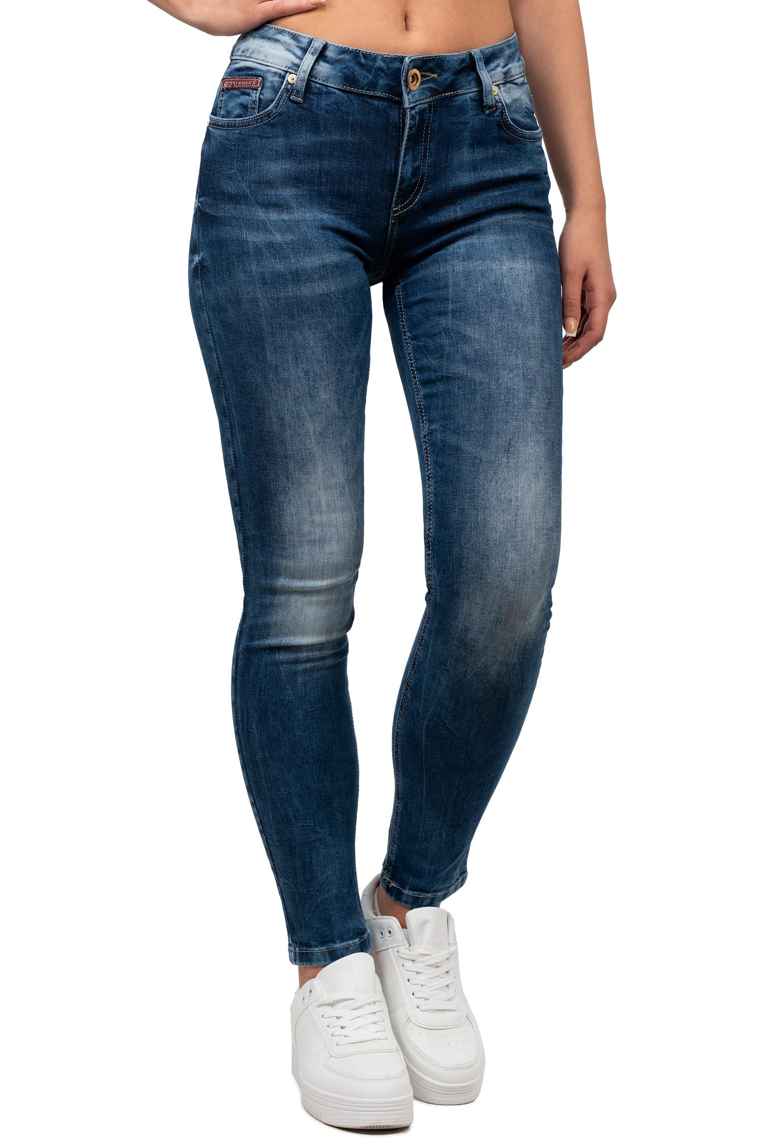 Cipo & Baxx Vaqueros Mujer Slim Fit Elásticos Desgastados Azul Negro | Costuras en contraste, múltiples bolsillos, tejido denim flexible, cierre con botón, estilo urbano, paseo, ocio y día a día