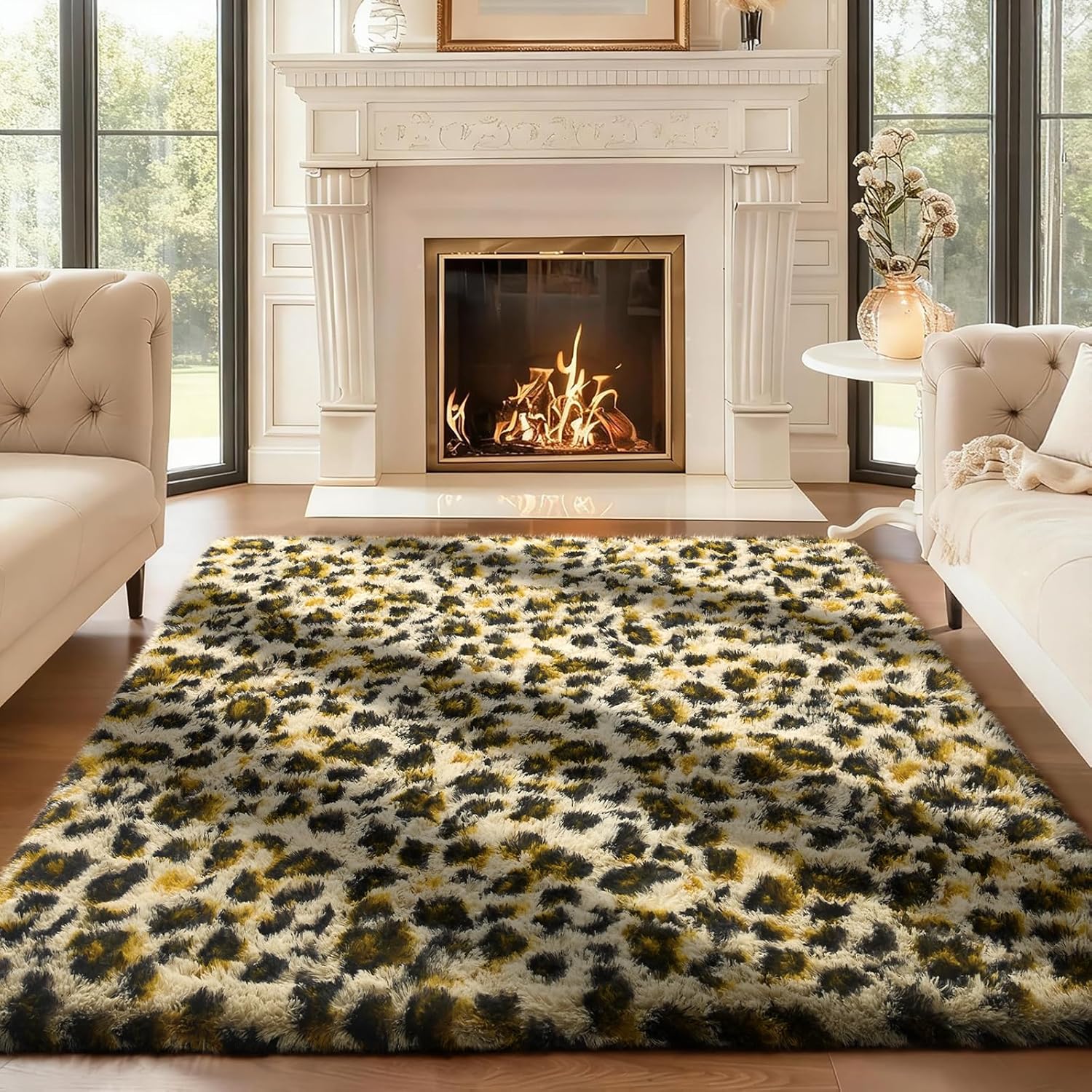 Ophanie 4x6 Leopard Rugs for Bedroom Living Room, Fluffy Shag Large Fuzzy Plush Soft Throw Cheetah Print Rug,Large Shaggy Floor Big Carpets, Kids Home Decor Aesthetic, Nursery