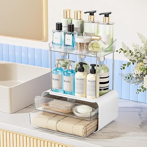 Delamu Organizador de encimera de baño, 2 cajones, 2 niveles, organizador de maquillaje acrílico para encimera de tocador, almacenamiento de perfume
