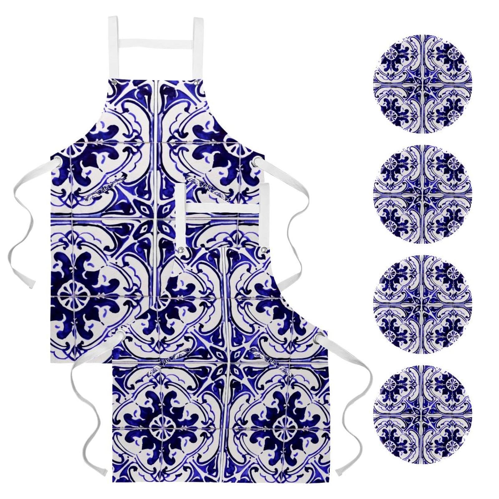 Lot de 2 tabliers de cuisine en lin pour homme et femme, motif mandalas traditionnels ornés de carreaux avec 2 poches réglables, Mandalas décoratifs traditionnels,