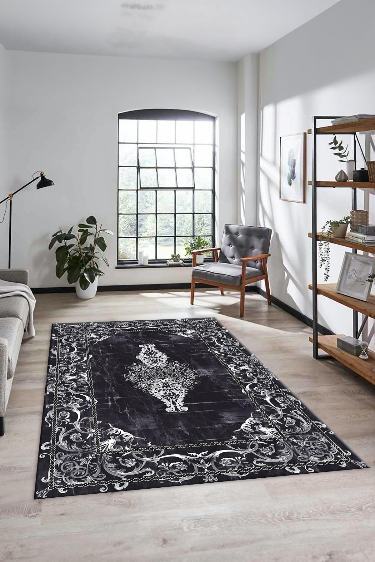 Evdeya Göbekli Klasik Motifli Dijital Kaymaz Taban Yıkanabilir Yolluk Mutfak Salon Halısı KLASİK-28, Antrasit, 60 x 150
