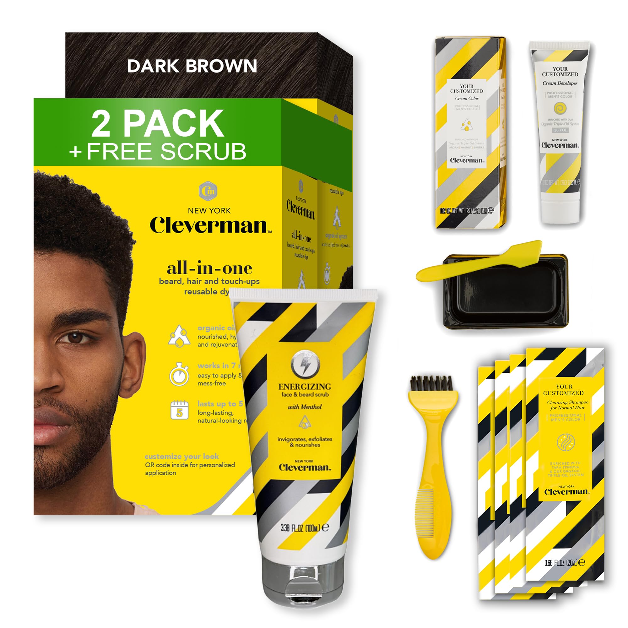 Cleverman 2 Pack - Dark Brown Hair & Beard Dye for Black Men x2 + 1 Free Energizing Face & Beard Scrub