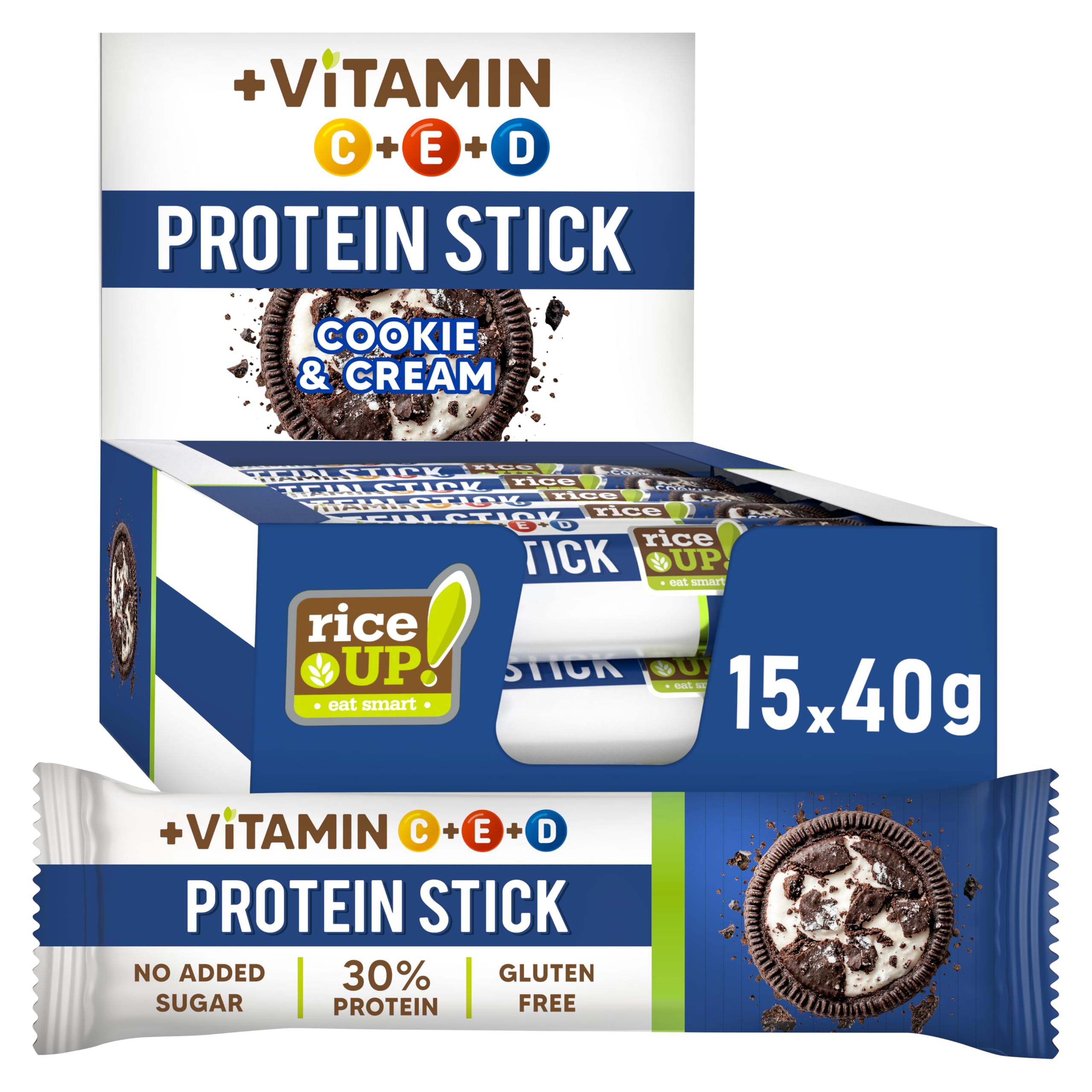 RiceUP! Barre Protéinée Cookie & Cream 30% – Barre Protéine Sans Sucre Ajouté, Sans Gluten & Sans Huile de Palme – Snack Protéiné Fitness & Nutrition Sportive – 15 x 40 g