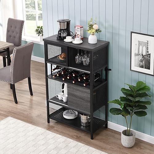 Miniatura 11 de Armario de bar de madera, armario rústico de cocina para vino con estante para botellas de vino, gabinete de barra de café con puerta de metal,