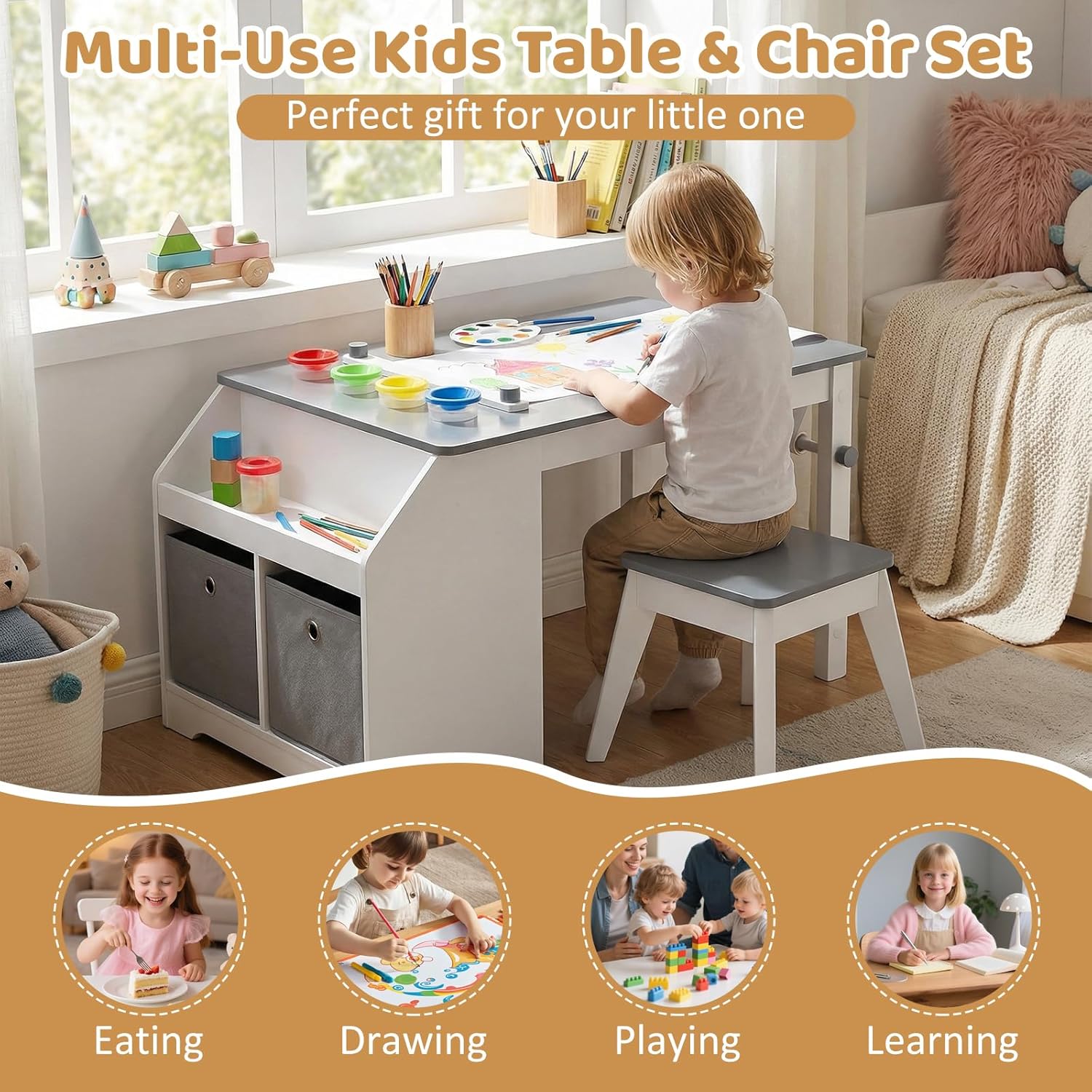 HONEY JOY Kids Art Table and Chair Set, Wooden Arts Crafts Activity Set w/Paper Roll, Storage Shelf, Bins, for Writing Drawing Dining, Children Learning Furniture, Toddler Table and Chair Set