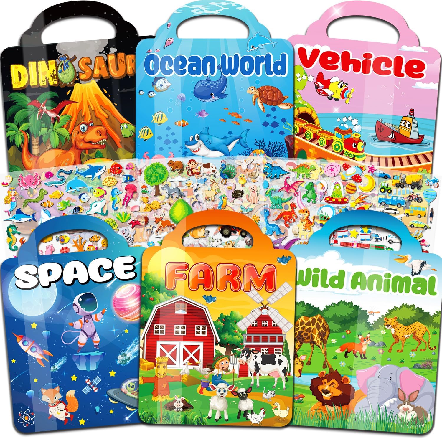 Kalysky 6 Pack Reusable Sticker Book for Toddlers 2 3 4 Year Olds | 300+ 3D Puffy Reusable Stickers for Children, Sticker Activity Pack Learning Toys for 2-6 Year Old Boys Girls Kids Gifts