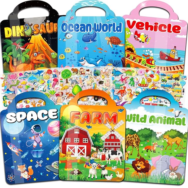 Kalysky Paquete de 6 libros de calcomanías para niños de 2 a 4, 300+ pegatinas reutilizables 3D, libro de actividad para niños, regalo de cumpleaños