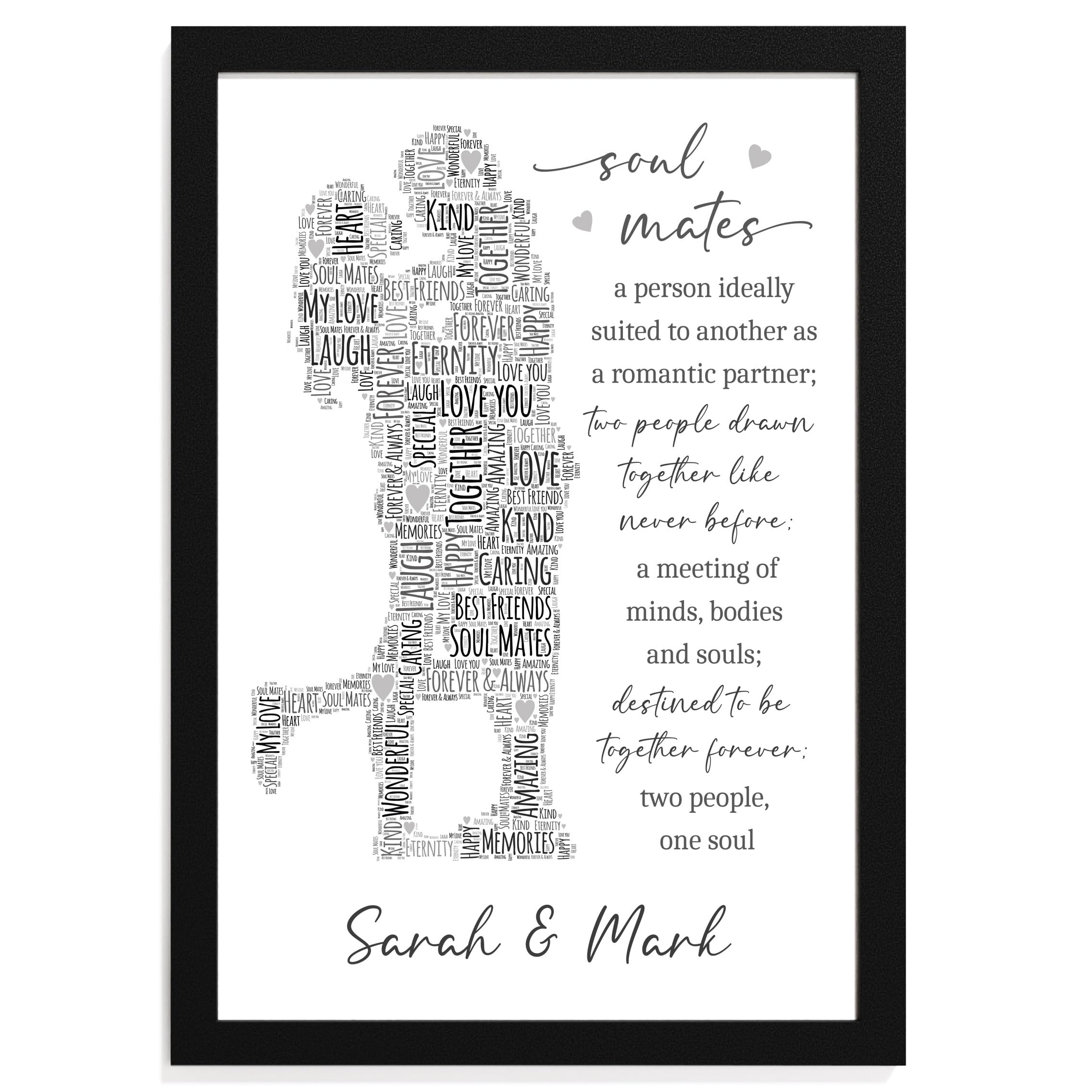 Beecreative Personalised Soul Mates Valentines Anniversary Gifts for Couples Her Him Husband Wife Girlfriend Boyfriend Present Keepsake - ANY TWO NAMES - A5 A4 Print Frame