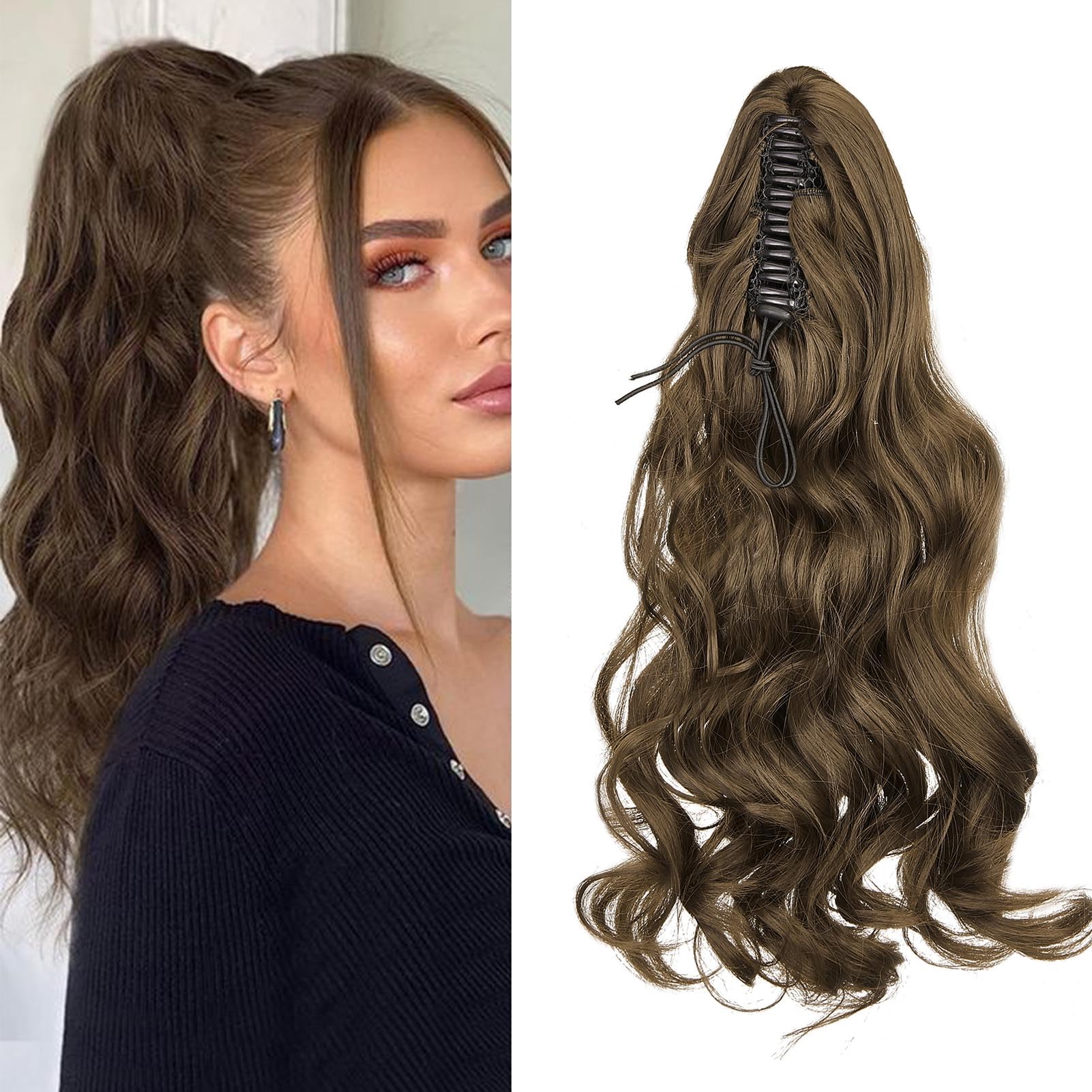 Cybelleza Ponytail Extension Curly Wavy Claw Jaw Pony Tail 18" One Piece Clip in Hair Extensions Ponytail Hairpiece Synthetic Long Natural for Women Chestnut