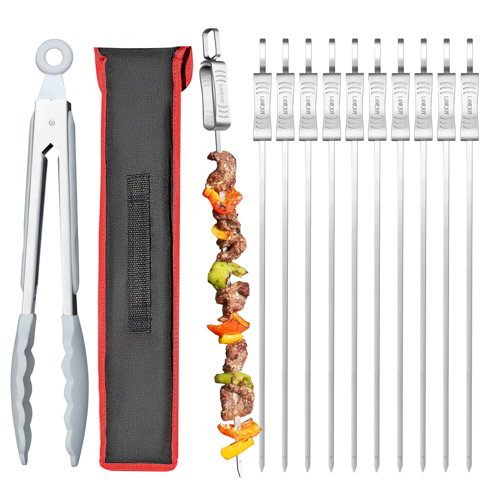 LANEJOYKabob Skewers for Grilling - Metal Skewers for Kabobs with Slider - Flat BBQ Skewers Stainless Steel - 17" Shish Kabob Grill Skewers & Ideal Kabob Sticks for Meat Shrimp Chicken Veggie(10PCS)