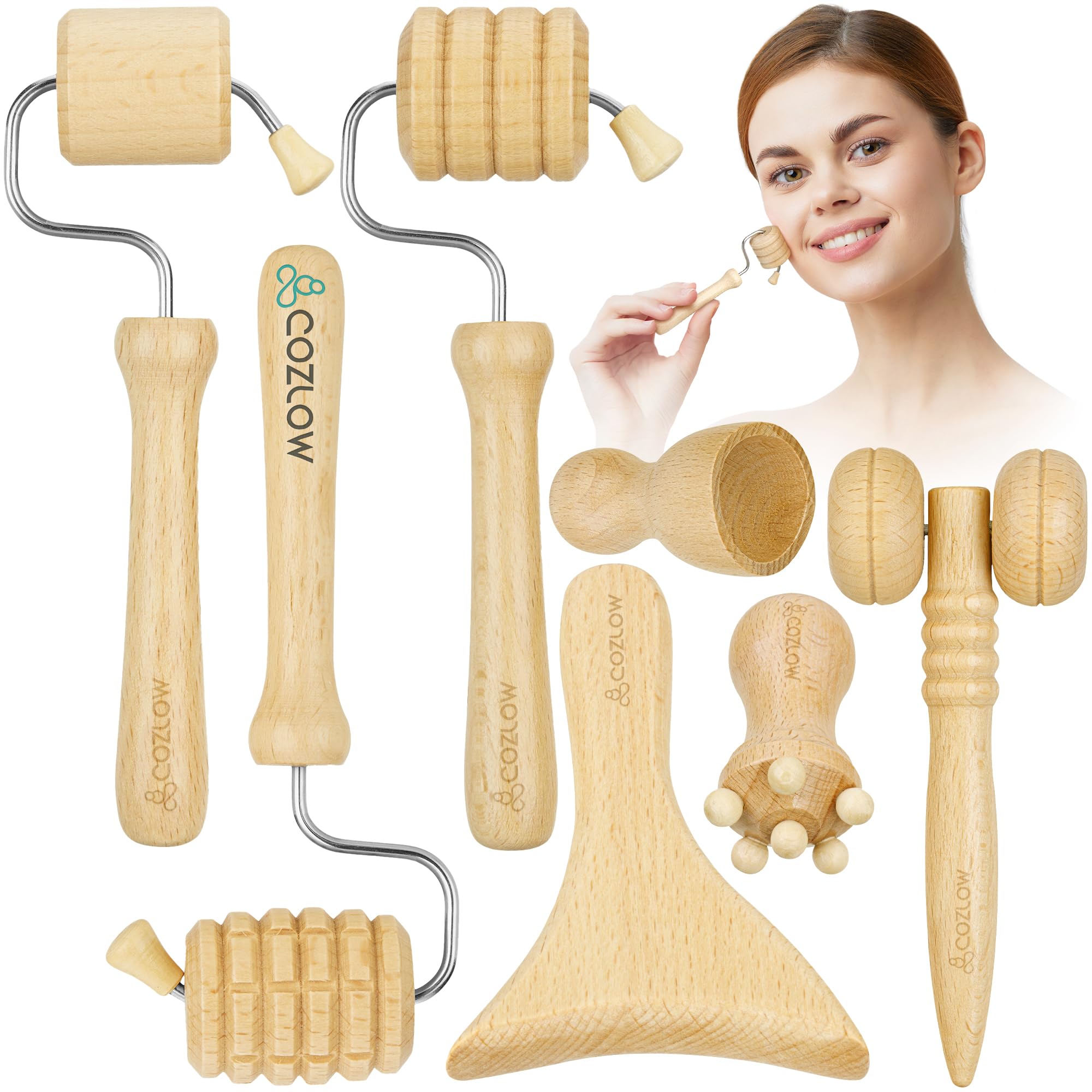 COZLOW Wood Therapy Facial Massage Tools (7 Piece Set), Gua Sha Wooden Face Massager Kit for Face Lifting, Lymphatic Drainage, Skin Care & Anti-Aging